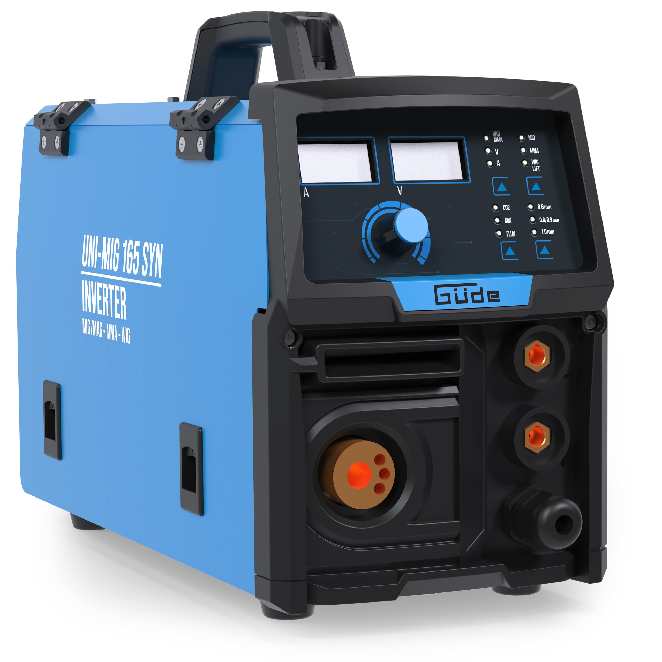 Güde Universalschweissgerät Uni-Mig 165 SYN (230 V, 4 in 1, 160 A max. Schweißstrom, 20-160 A Regelbereich, inkl. Elektrodenhalter, Schlauchpaket, Masseklemme, Druckminderer, Schweißschild, etc.)