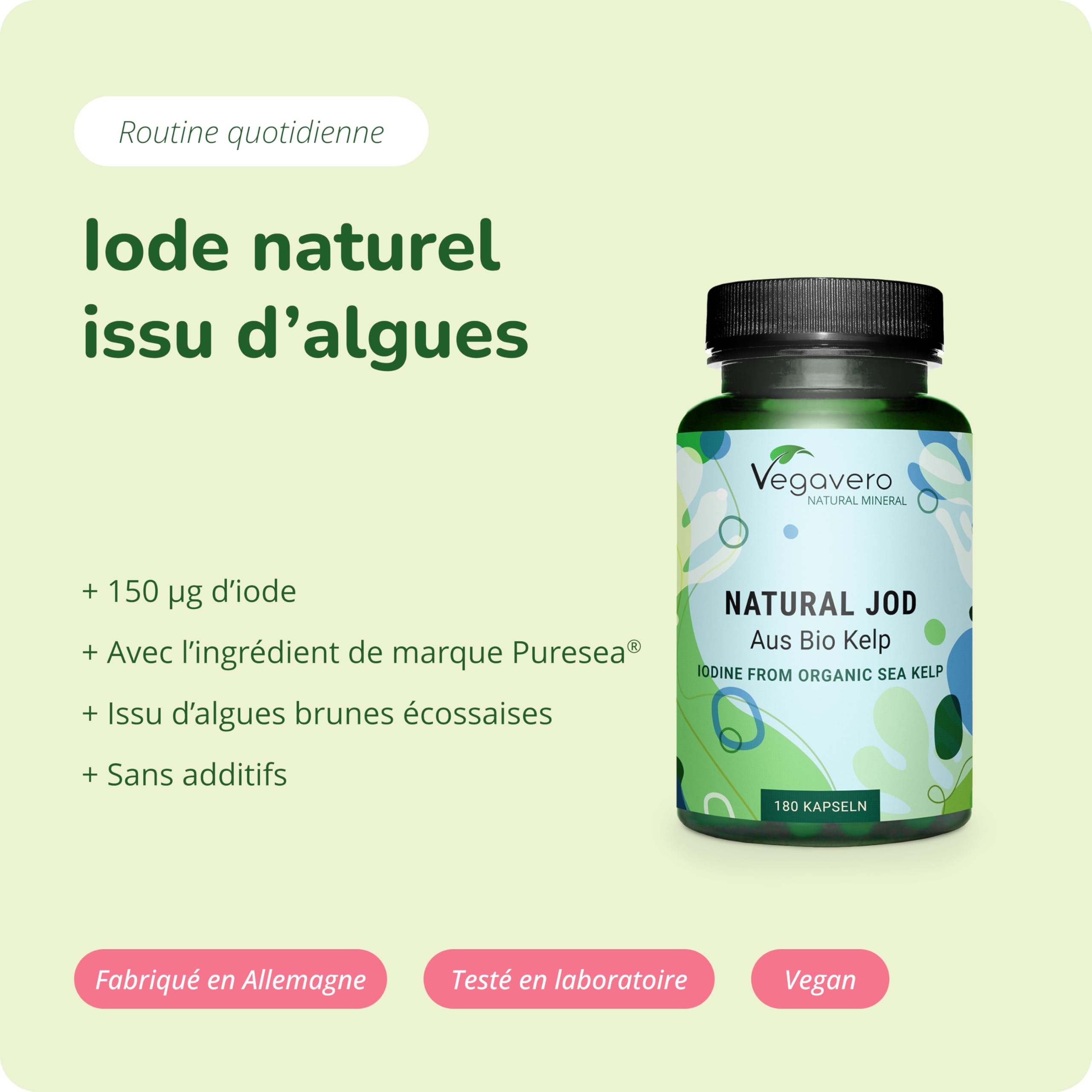 Iode BIO 150 μg | 100% NATUREL : Issu d’Algue Kelp | 6 Mois | Thyroide* + Antioxydant | SANS ADDITIFS et VEGAN | Vegavero®