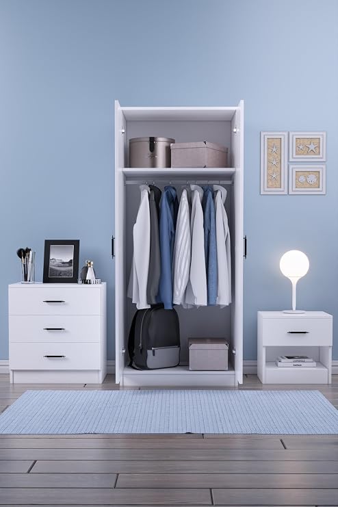 Abete - 2 Door Wardrobe With 1 Drawer + Nightstand + 3 Drawer Dresser Set - White