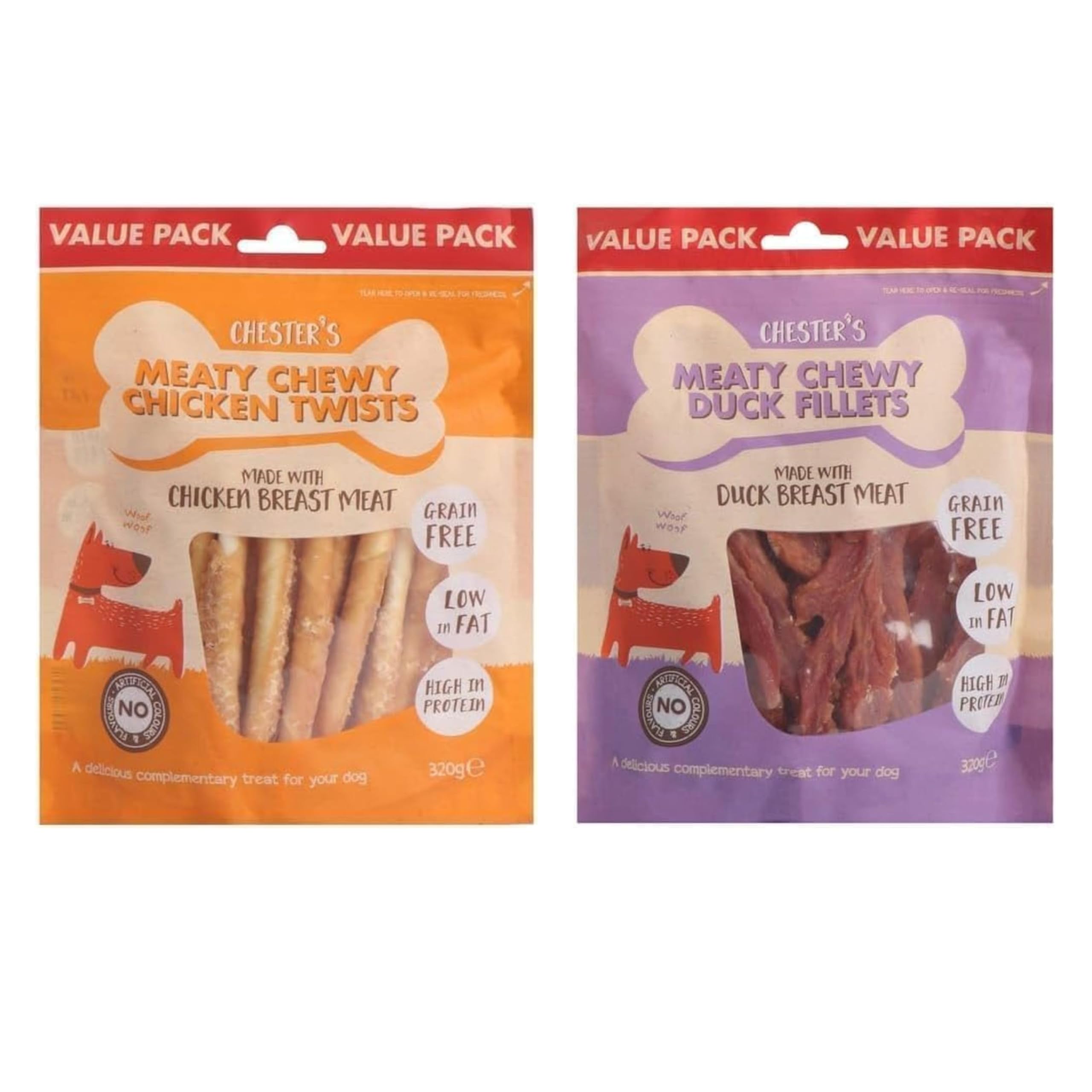 Chesters Meaty Chewy Dog Treats โ 2 Pack | High-Protein, Natural, Soft Chewy Snacks for Dogs (Chicken Twists & Duck Fillets)