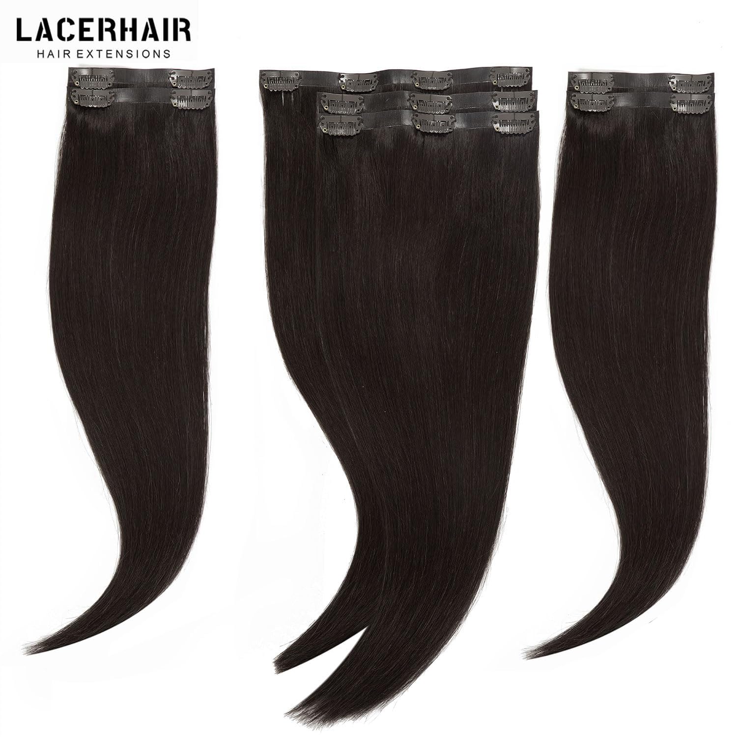 Lacer Hair Seamless Clip in Hair Extensions Human Hair 18 Inch 130g 7pcs Ultra Thin Invisible PU Weft Clip On Hair Extensions Darkest Brown With 18 Clips For Women
