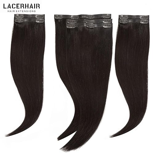 Vista 21 de Lacer Extensiones de cabello humano con clip, de doble trama, cabello brasileño de cabeza completa, color negro azabache, extensiones de cabello