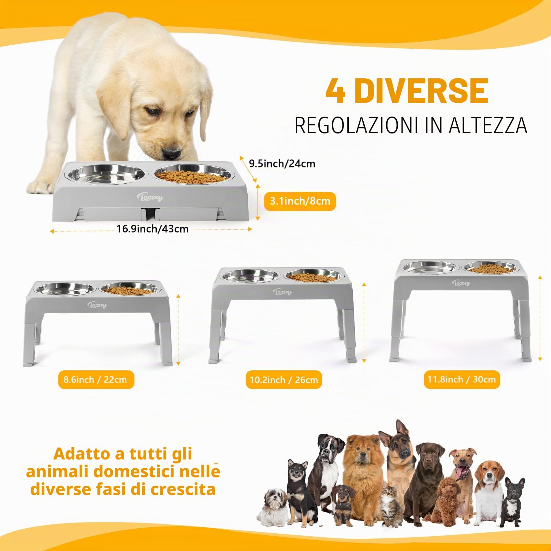 Toozey Ciotola per cani, mangiatoia con 2 ciotole in acciaio inox da 1200 ml, per cani medi e grandi, 4 ciotole regolabili in altezza, grigio