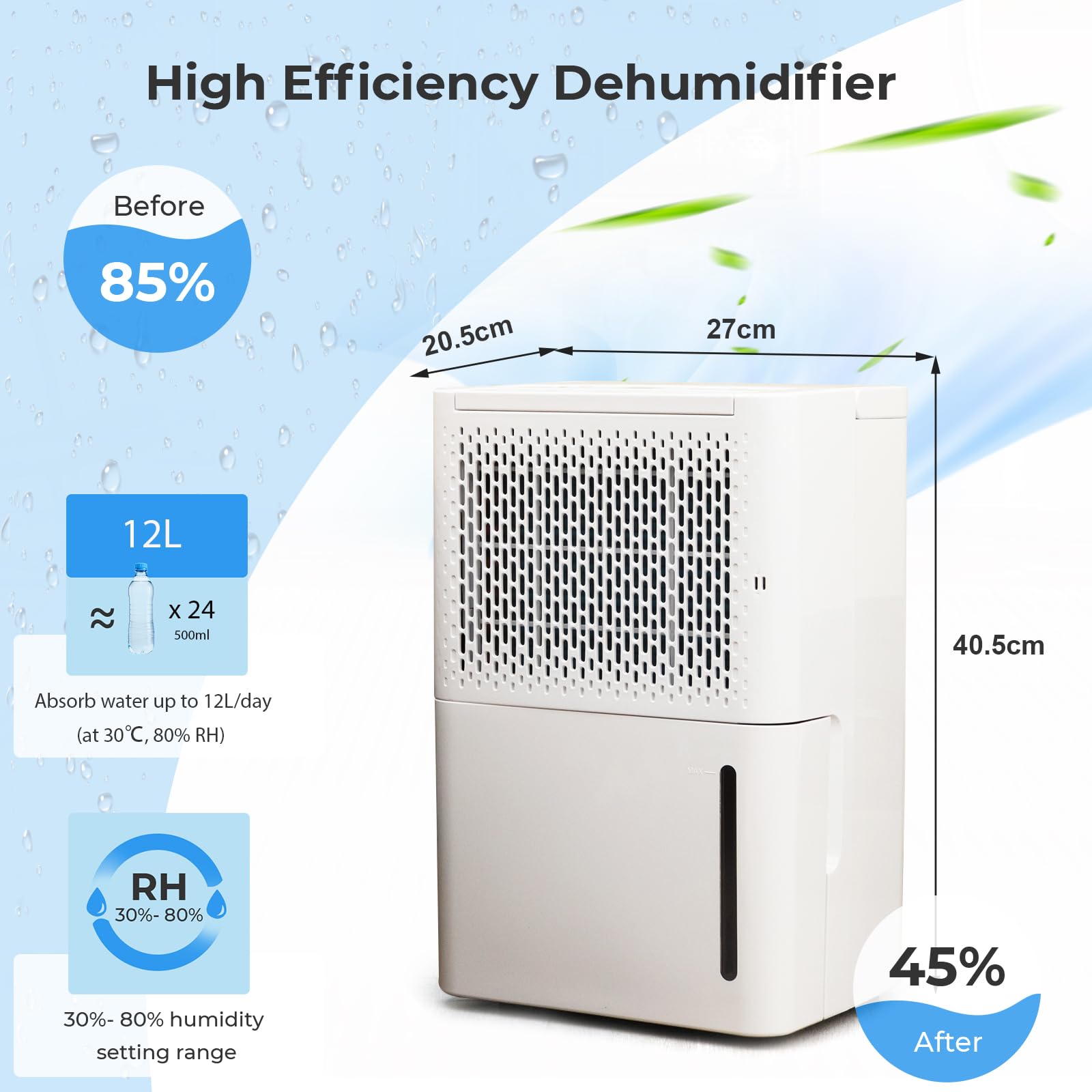 SOARS Deumidificatore 12L/24H, Deumidificatore Elettrico Mobile a 3 Modalità, con Timer 24 Ore, Spegnimento Automatico, Sbrinamento, Display LED, per Appartamenti, Cantine