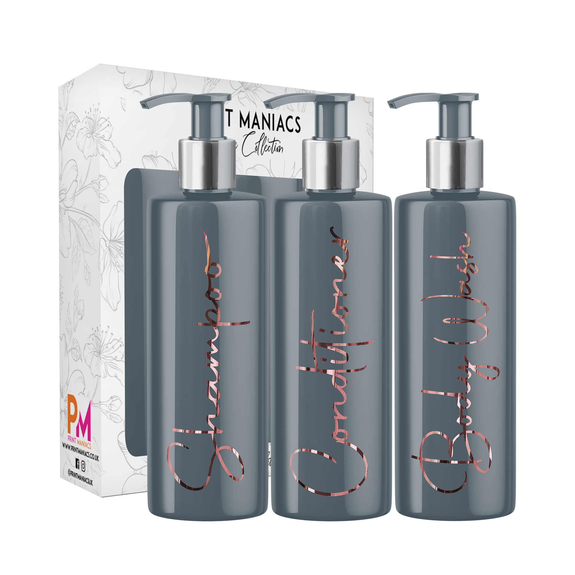 Print Maniacs Grey Mrs Hinch Inspired Personalised 500ml Pump Bottles Bathroom Lotion Kitchen Set Shampoo Conditioner Body Wash F2 (Rose Gold