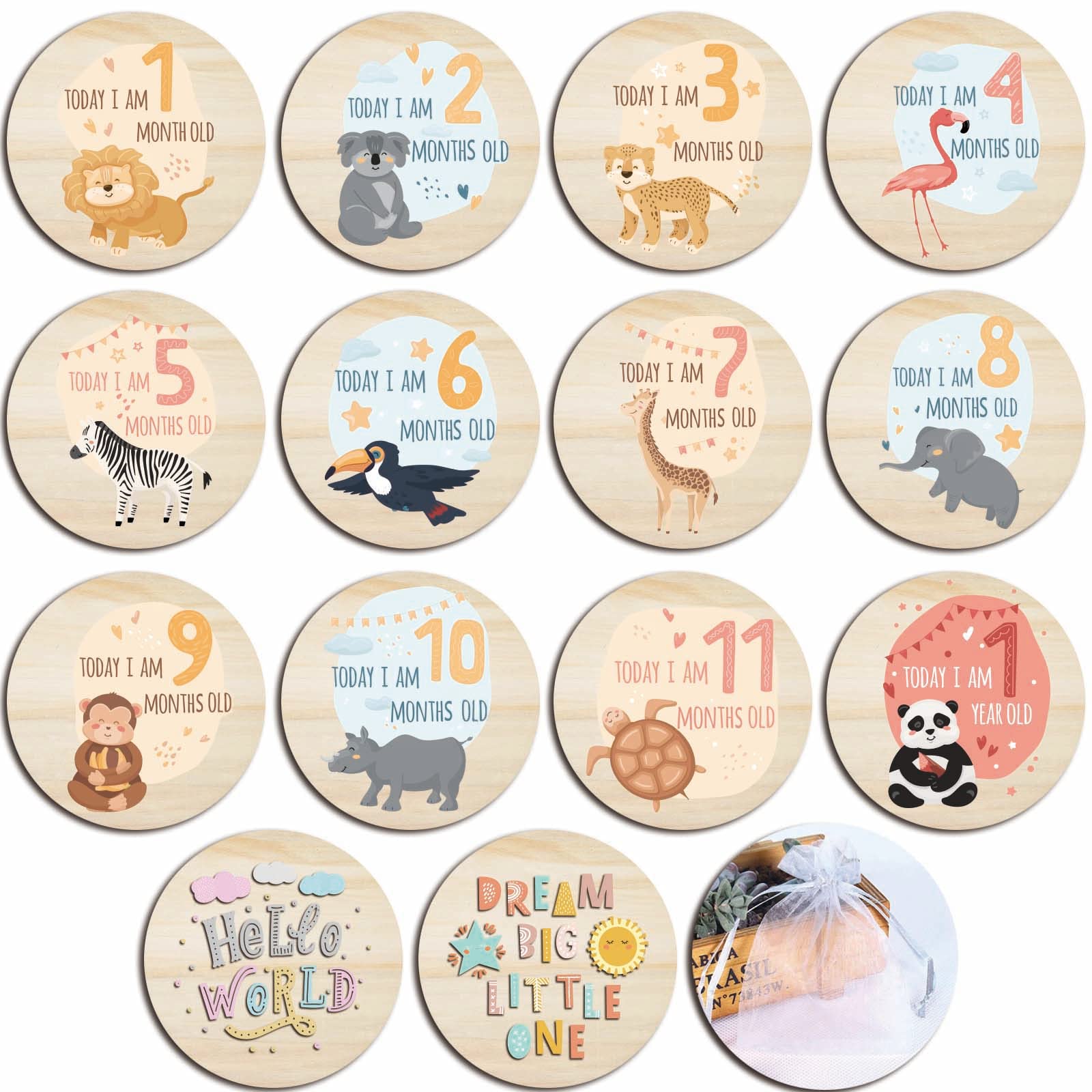 Baby Monthly Milestone Cards for Newborn Girl or Boy,Safari Monthly Baby Milestone Cards Baby Anniversary Signs,Baby Shower Cards Come with Organza