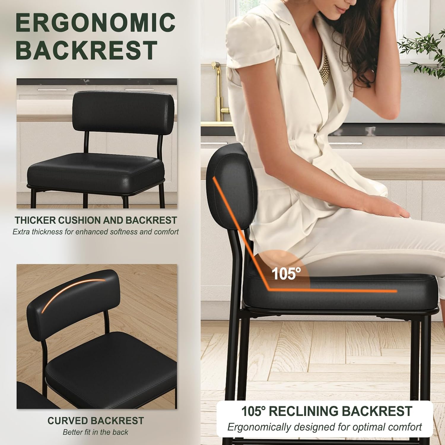 SAECKBERG 26" Counter Height Bar Stools Set of 3, Upholstered Barstools with Backs, Black Faux Leather, Metal Bar Height Chairs, Mid Century Modern Counter Stools for Kitchen Island
