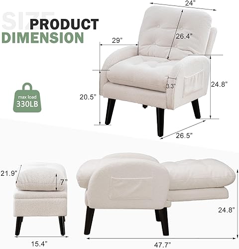 Miniatura 26 de Silla decorativa con respaldo ajustable otomano, silla de sala de estar tapizada con juego de reposapiés, silla moderna, acogedora silla reclinable