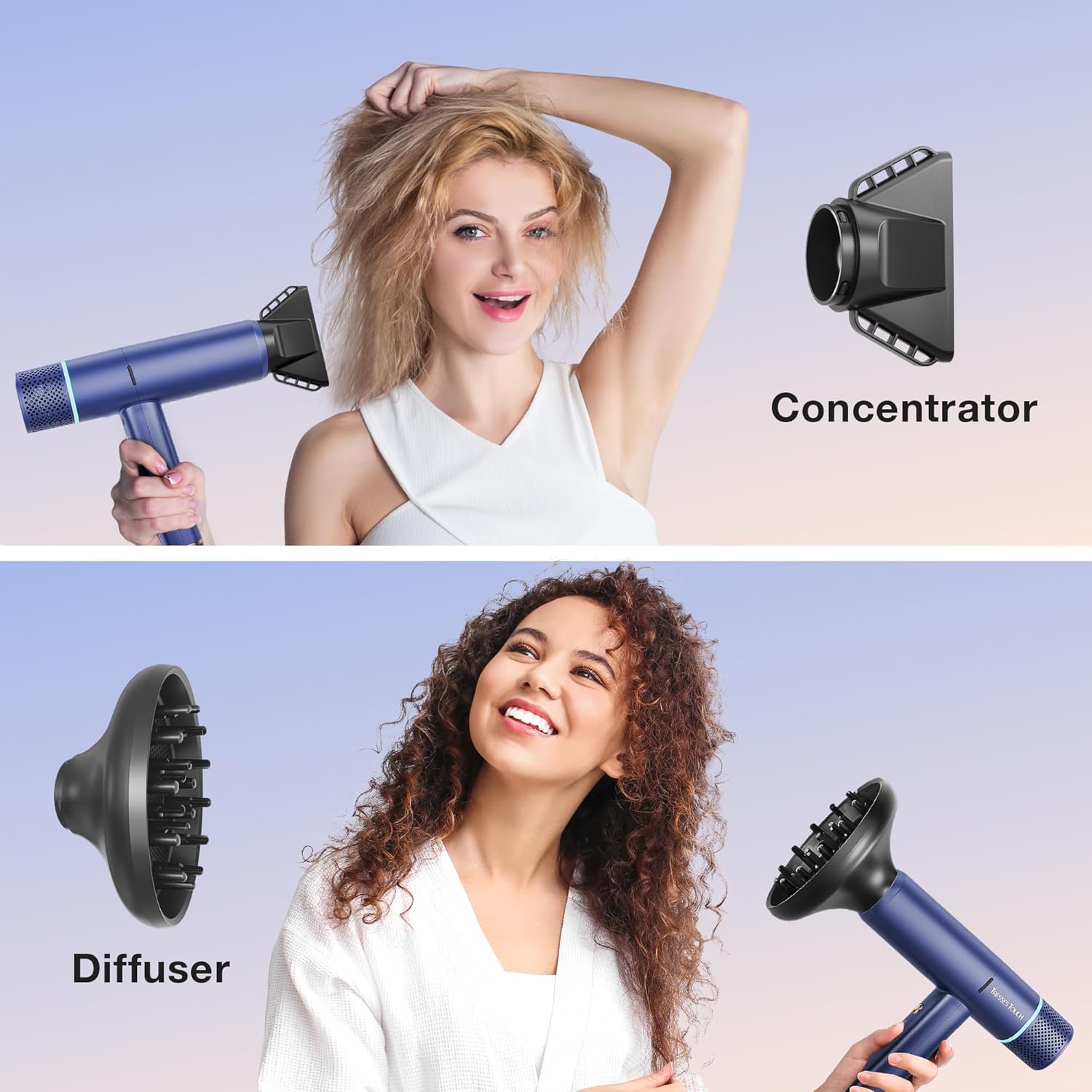 Ionic Hair Dryer with Diffuser and Concentrator, Professional Lightweight Quiet Blow Dryer, Powerful 1600 Watt Motor for Fast Drying and Straight & Wavy Hair, 3 Temps/2 Speeds, 6.56 Ft Cord, Blue - Image 3