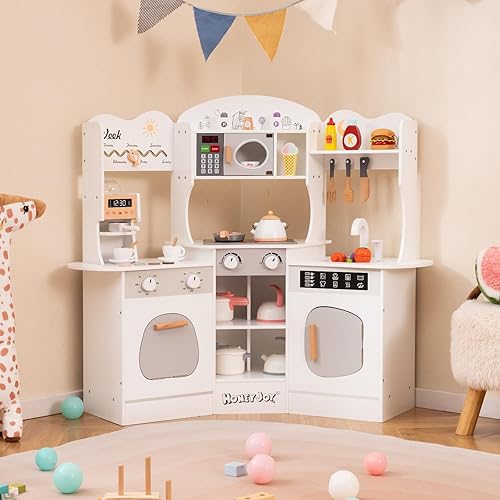 Miniatura 2 de HONEY JOY Juego de cocina esquinera, juego de cocina de juguete de madera para niños pequeños con luces, cafetera, microondas, fregadero, grifo,