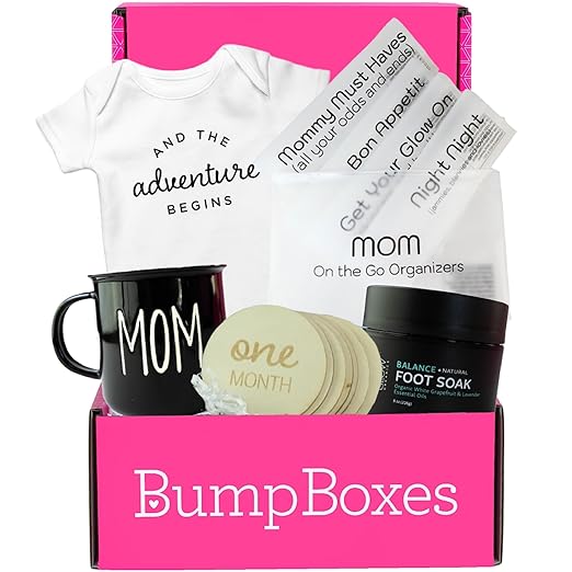 Bump Boxes 3rd Trimester Pregnancy Gifts for Expecting Moms with Milestone Disc, Baby Onesie, Travel Bags, Ceramic Mug, Organic Foot Soak, Gift for Mother to Be