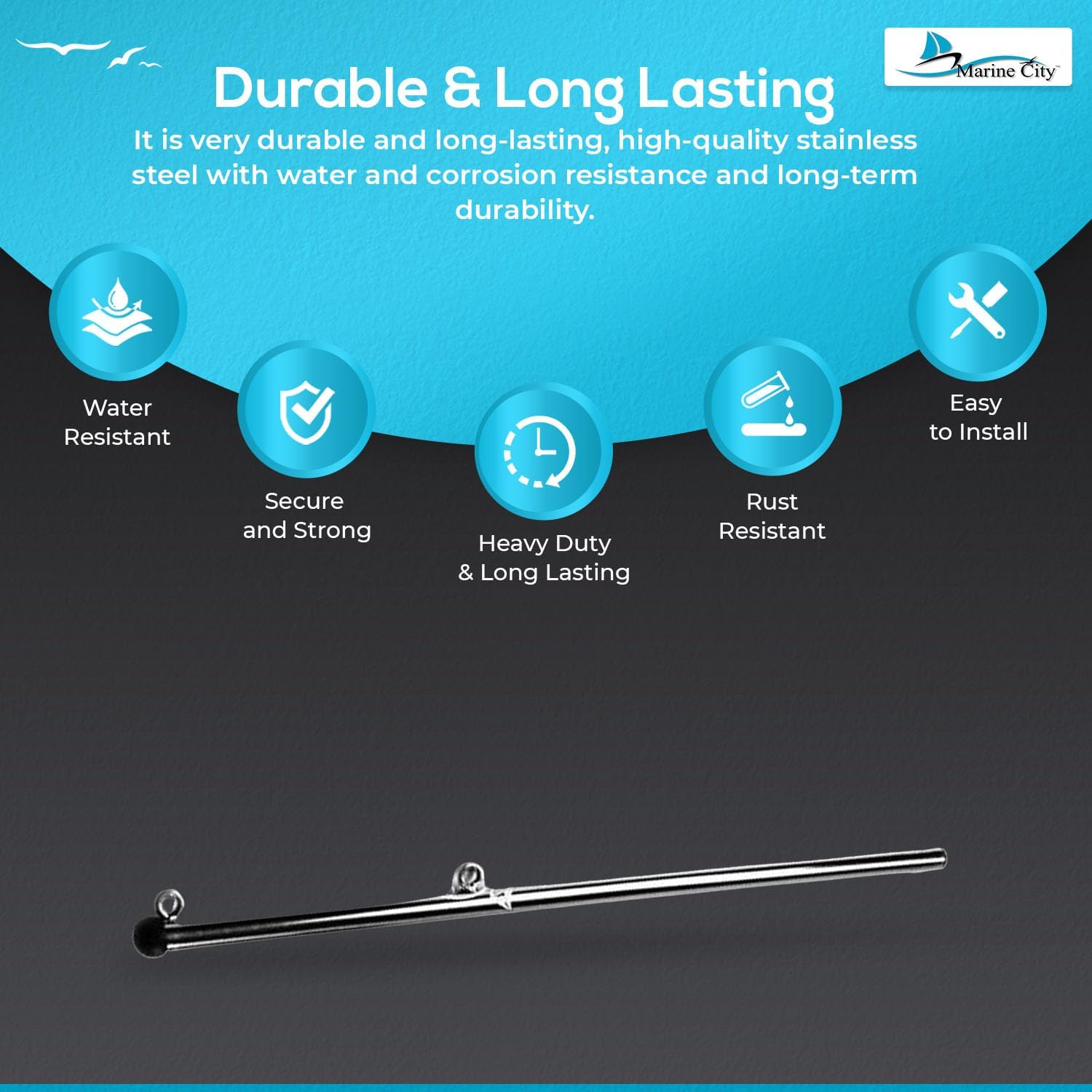 MARINE CITY 316 Stainless Steel Rail Mount Flag Staff Pole - Bright Polished Finish, Ideal for Boats, Yachts, Marines, RVs, Fishing Boats