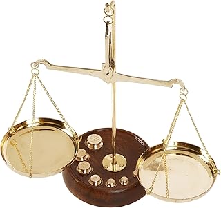 Brass Balance Scale with Wooden Base, Traditional Weighing Scale with 6 Weights, Gold