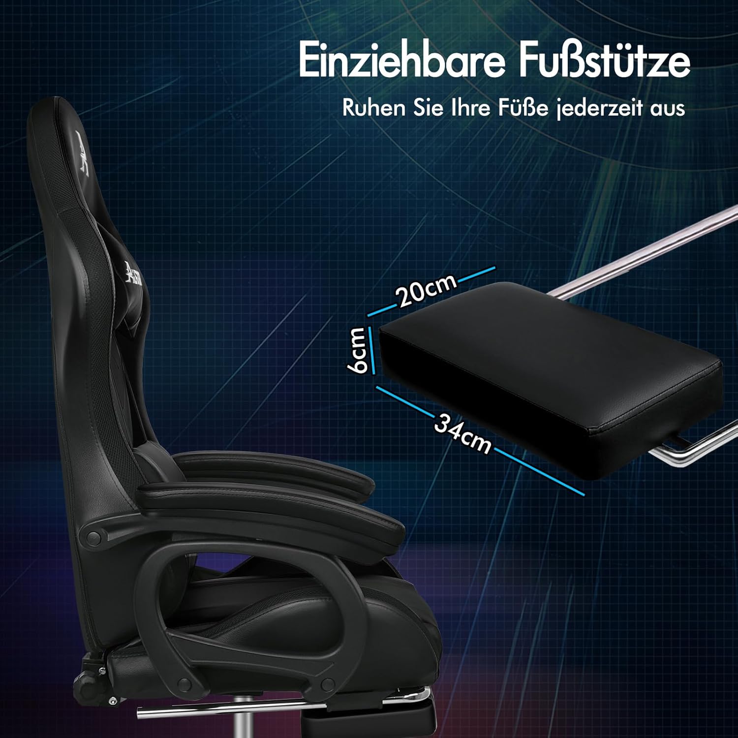 വശം view of the ALFORDSON gaming chair showing the retractable footrest with dimensions.