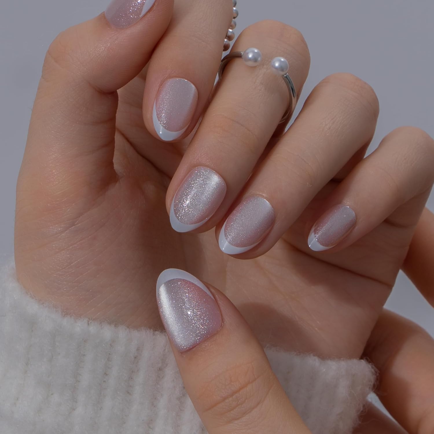 CurvLife French Tip Extra Short Press On Nails Almond – 32Pcs Soft Gel Cat Eye Fake Nails, Glazed Blush French Style Reusable Glue On Nail Kit, Natural Fit & Salon-Quality for Women & Girls