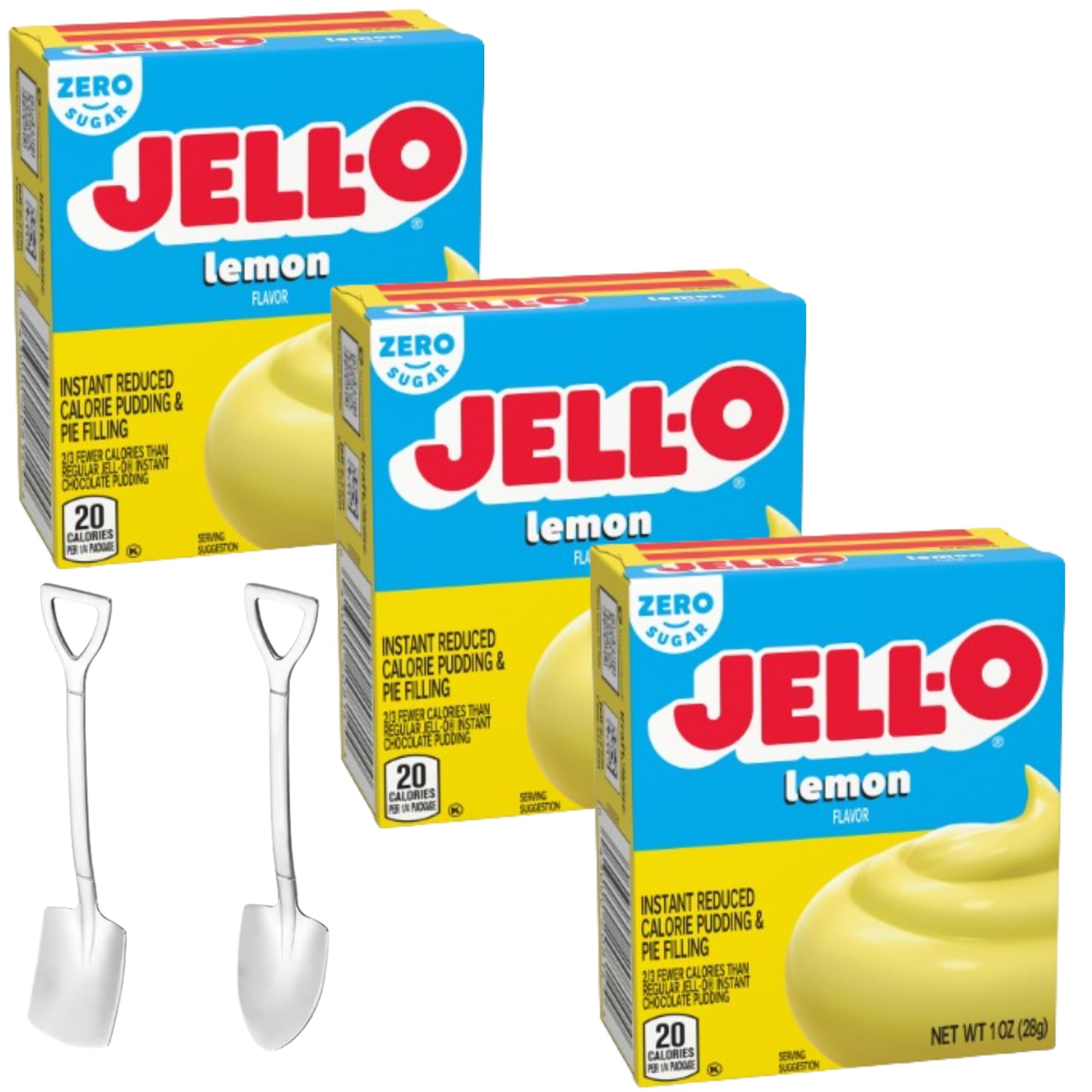 Instant Pudding & Pie Filling Mix 1 oz Box Sugar Free (Pack of 3) with Candy Freezer Mini Metal Spoons (Zero Sugar Lemon Pudding) - Shovel Spoons