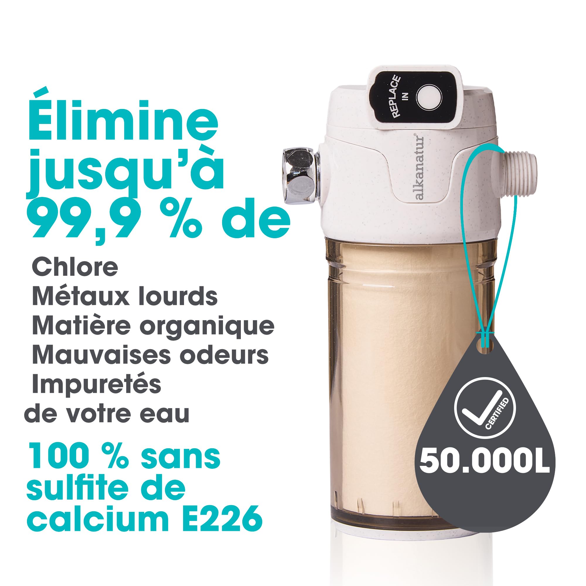 Filtre Eau Douche 50000 L Remplaçable pour Cheveux et Peau Anti Calcaire | Filtration double phase 50 000 litres charbon actif coton PP peau cheveux sensibles sans sulfate de calcium