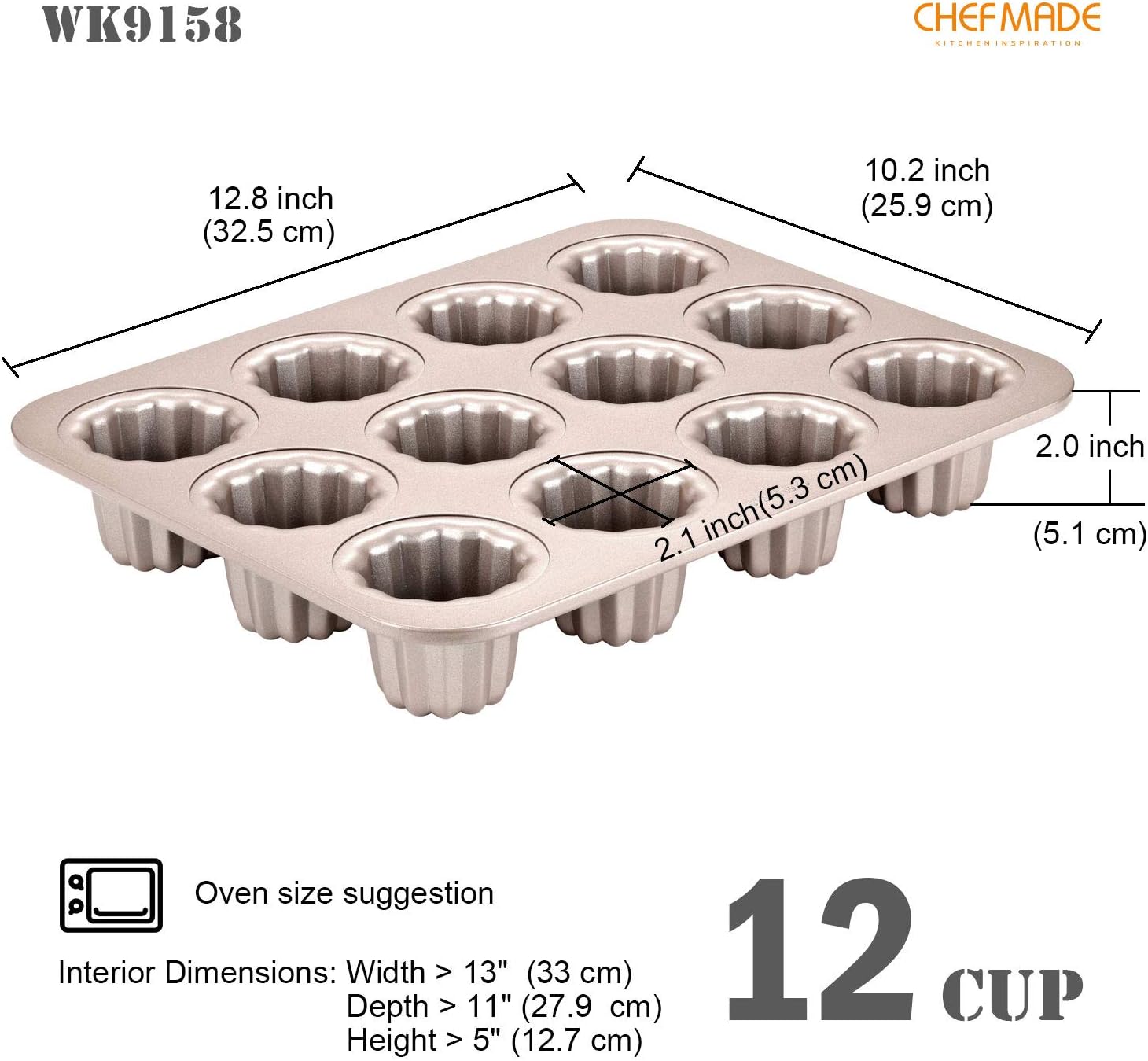 CHEFMADE Canele Mold Cake Pan, 12-Cavity Non-Stick Canele Muffin Bakeware Cupcake Pan for Oven Baking (Champagne Gold)