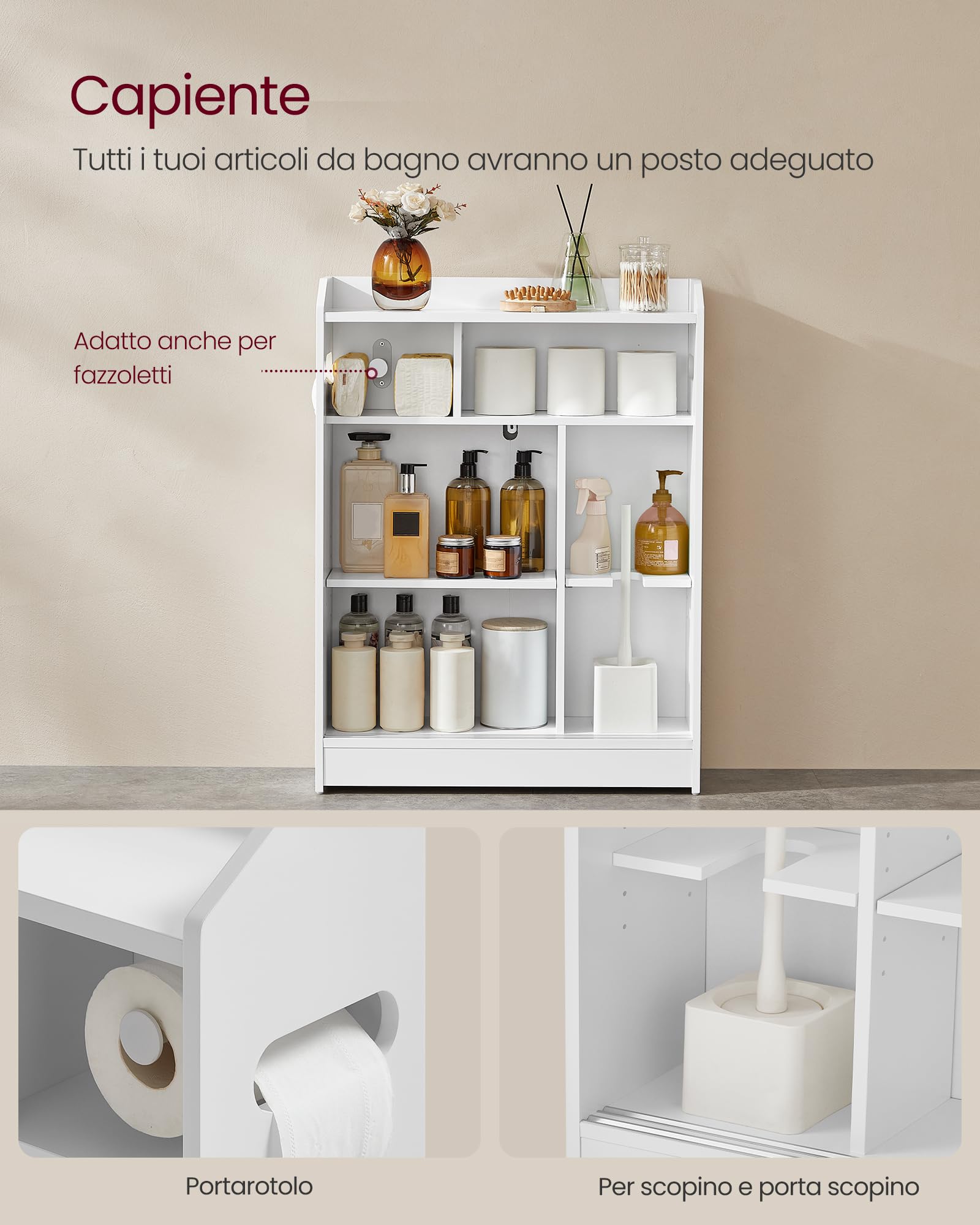 VASAGLE Mobile Bagno, Mobiletto Bagno Salvaspazio, Porta Carta Igienica e Scomparto per Scopino, Ante Scorrevoli, Ripiani Regolabili, accanto al WC, 20 x 60 x 80 cm, Bianco Nuvola BBC752W01