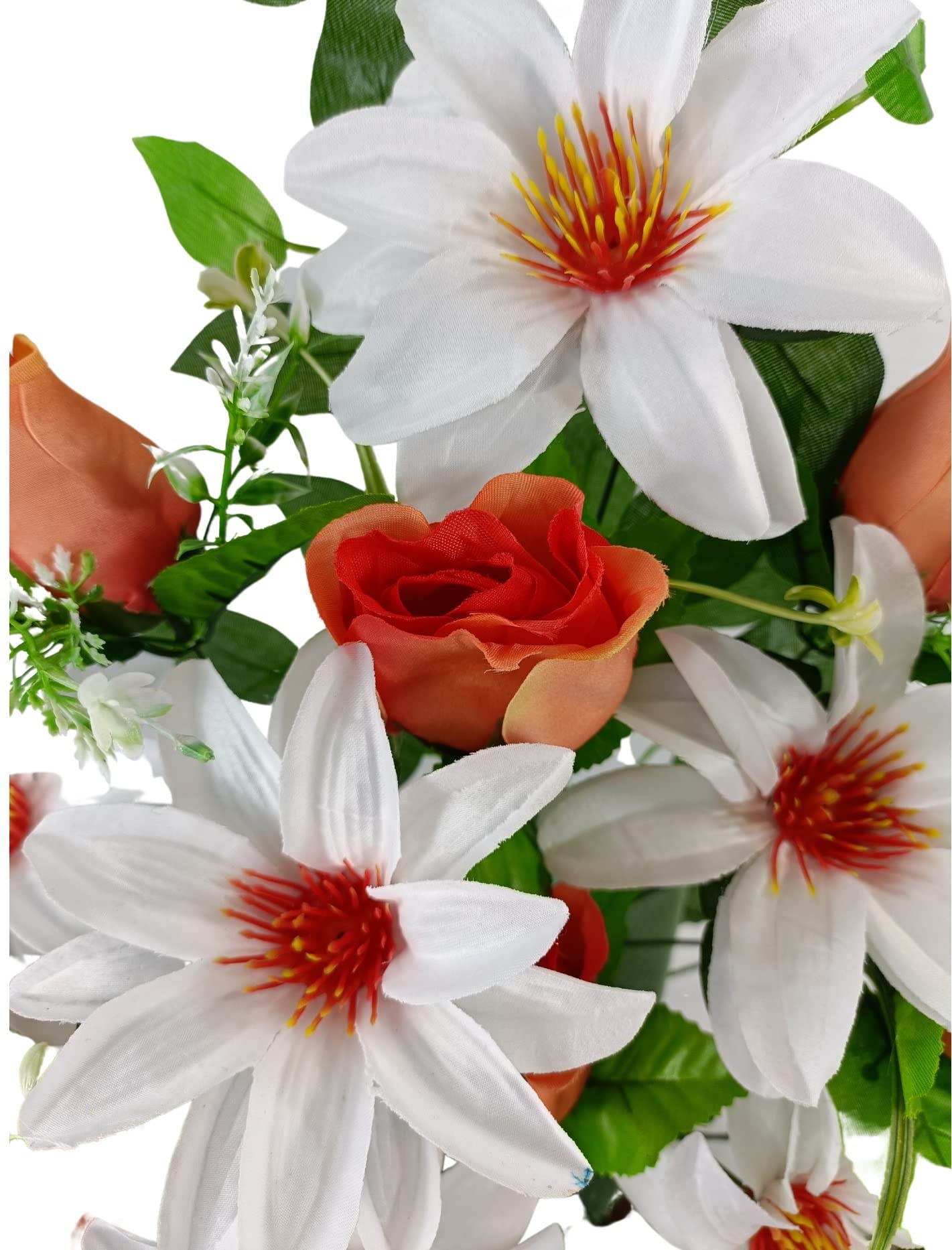 DRW Centre de Fleurs artificielles pour cimetière bourgeons et Dahlias Blanc et Orange 60x40 cm