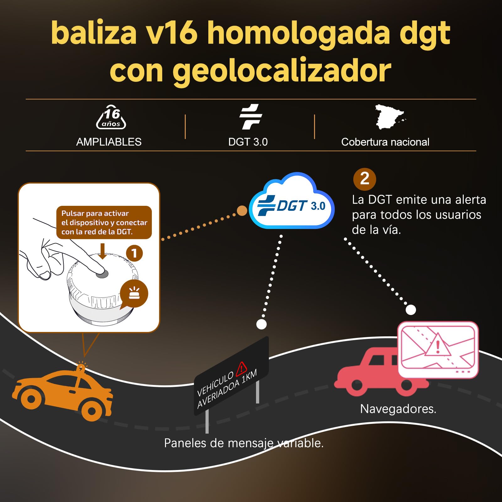 Baliza V16 Homologada DGT con Geolocalización y Conexión DGT 3.0, MOD100 PLUS LED 360°, IP54