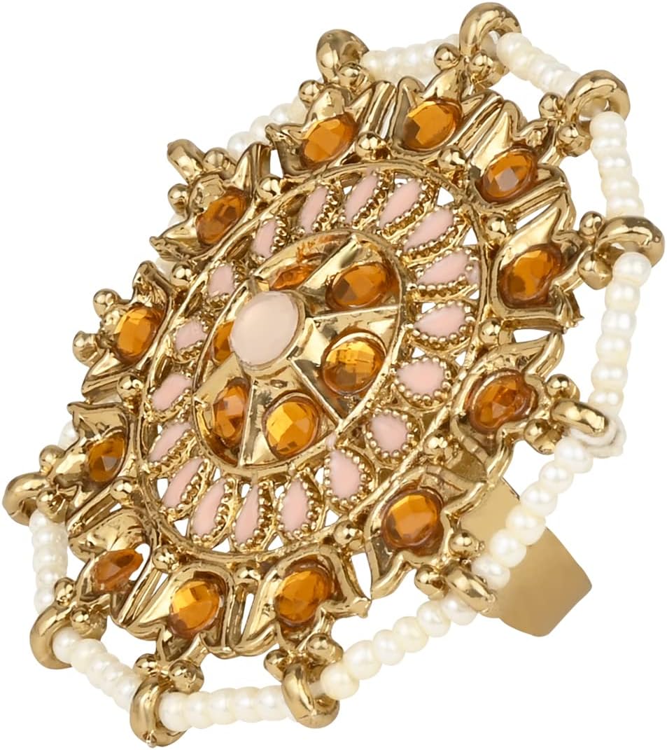 I Jewels Indian Wedding Bollywood Gold Plated Adjustable Kundan Finger Ring For Women And (FL225-9)