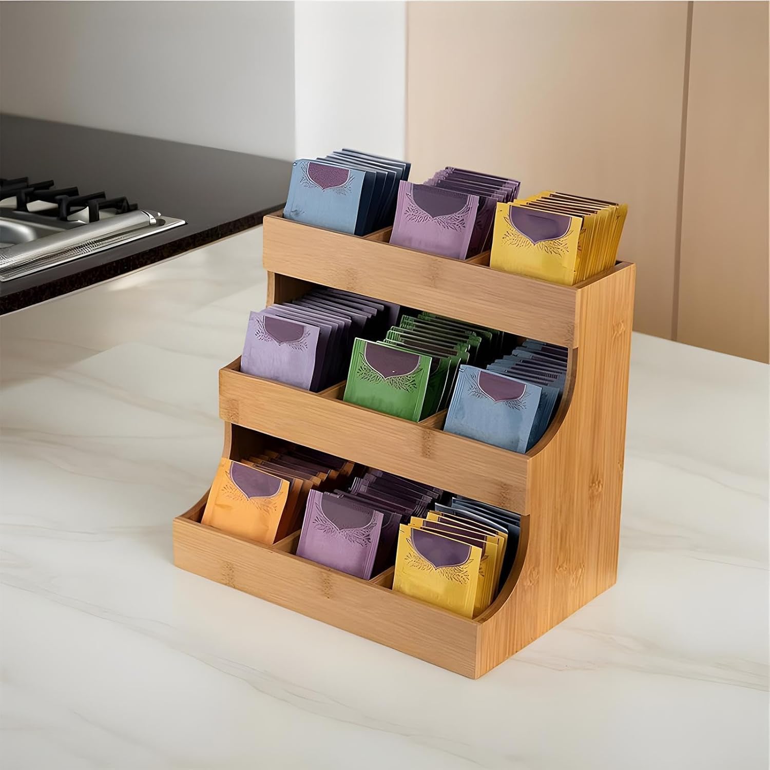 Wooden Tea Storage Box - Multi Layer Bag Organizer Rack, Space Saving Kitchen Pantry Container, Durable 3 Level Packet Holder | Home Café Office Use For Beverage Organization And Easy Access