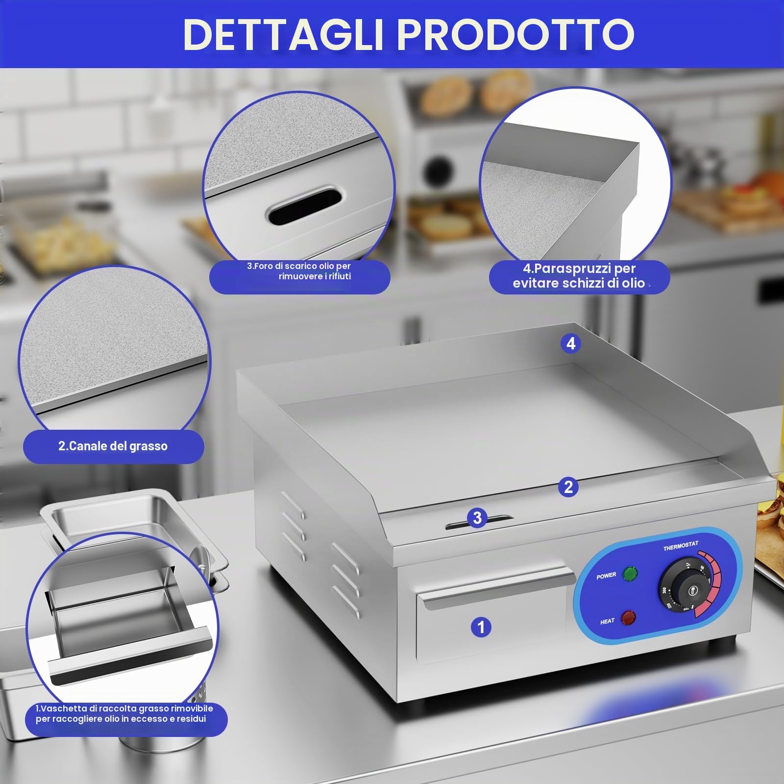 TAIMIKO 14" Piastra elettrica in acciaio inox Grill da tavolo professionale 220-240 V 1700 W Piastra grill in ferro superficie liscia anti-spruzzi (35,5 x 30 cm)