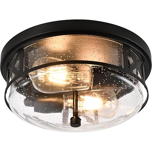 2-Light Flush Mount Light Fixture, Close to Ceiling Light Fixture with Seeded Glass Shade, Black Industrial Lighting Fixtures Ceiling, for Hallway, Entryway, Dining Room, Bedroom, Living Room