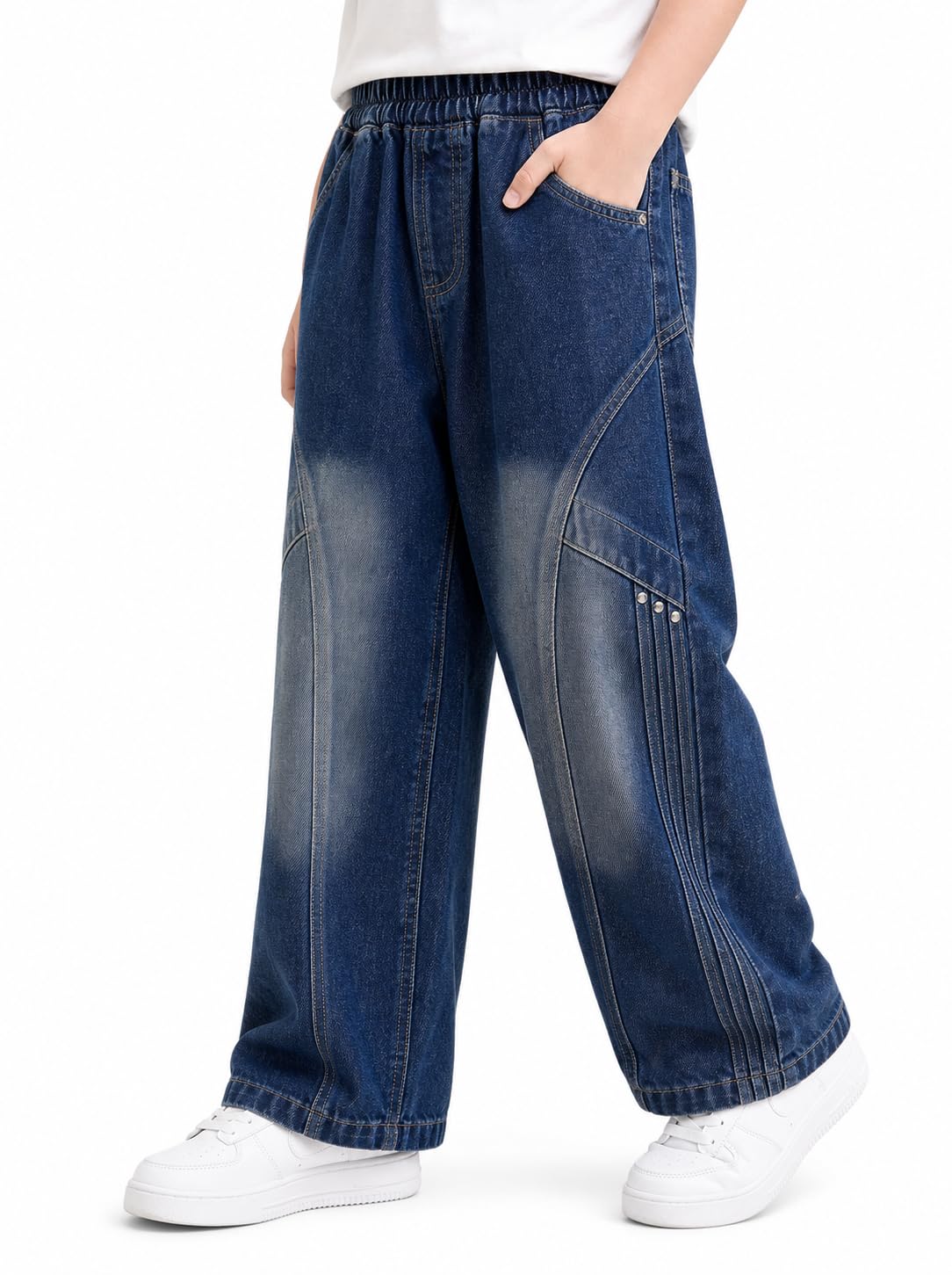 JiAmy Baggy Jeans Jungen Weites Bein Gummibund Denim Jeanshosen Gr.120-170 | Baumwolle Lässige kinder Jeans Jungen Elastischer Freizeithose für 5-14 Jahren