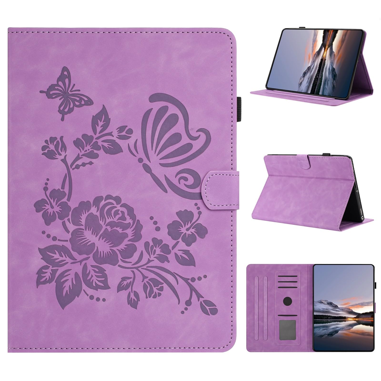 Generic Schutzhülle für Kindle Colorsoft Signature Edition (1. Generation) 2024, Farbe: (Violett) mit Blumen- und Schmetterlingsmuster, Leder, Brieftaschen-Schutzhülle
