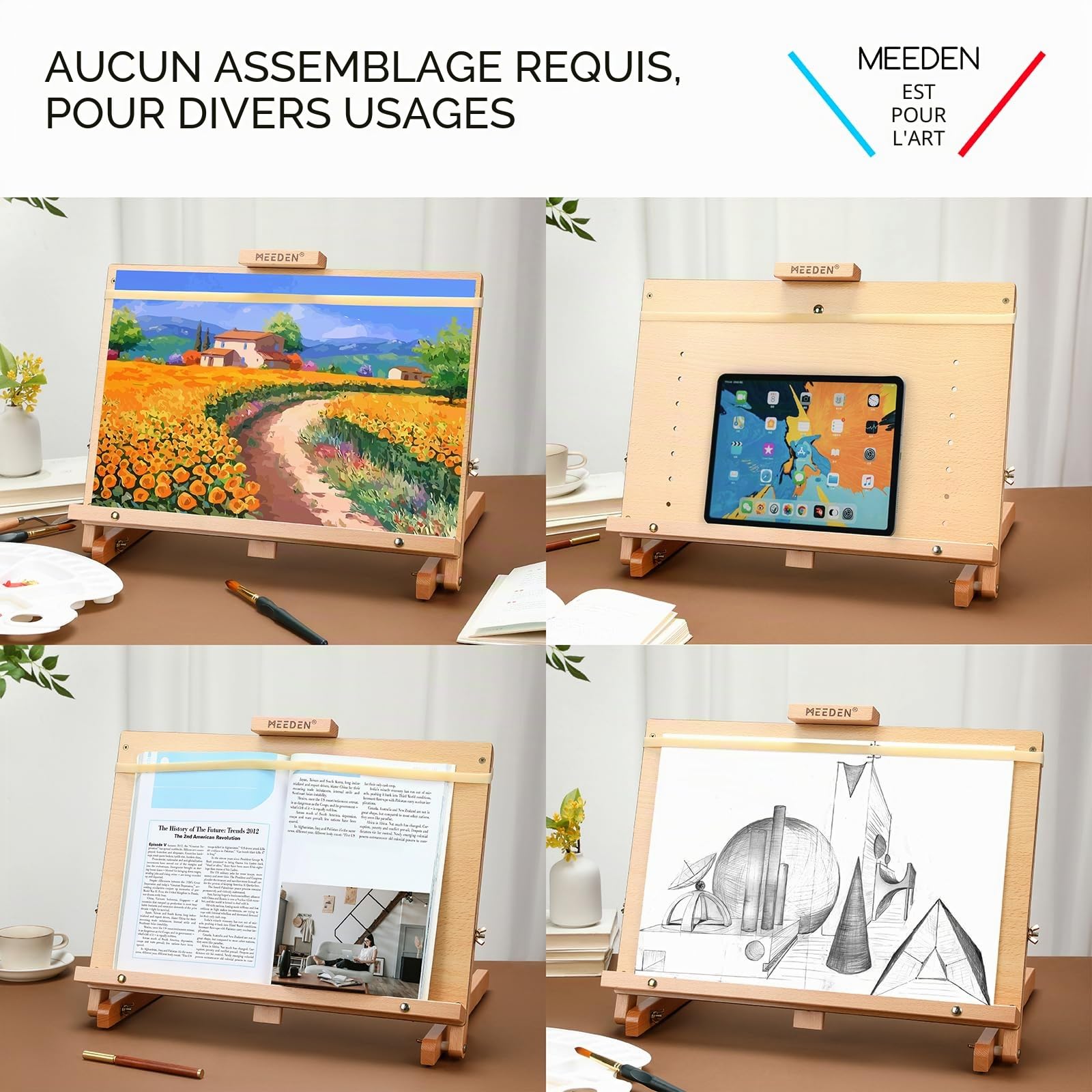 MEEDEN Grande planche à dessin en bois de hêtre massif avec cadre en H réglable pour artistes, adolescents et peintres, peut contenir une toile jusqu'à 58,4 cm de haut