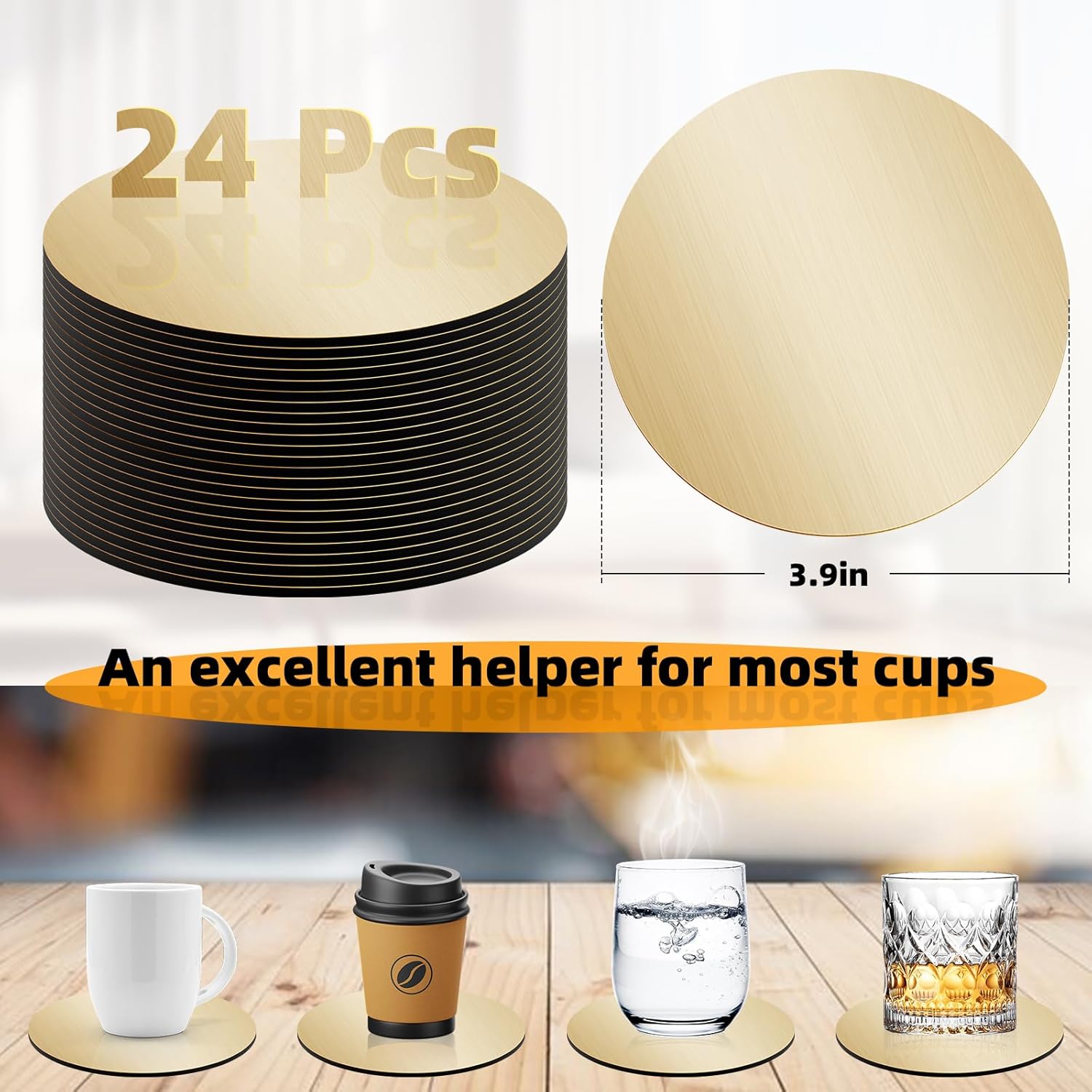 Stainless Steel Coasters Set of 24, 4 Inches Gold Mirror Coasters, Non Slip Eva Base Round Modern Coaster for Drinks Coffee Table Glass Mug Cup Teacup