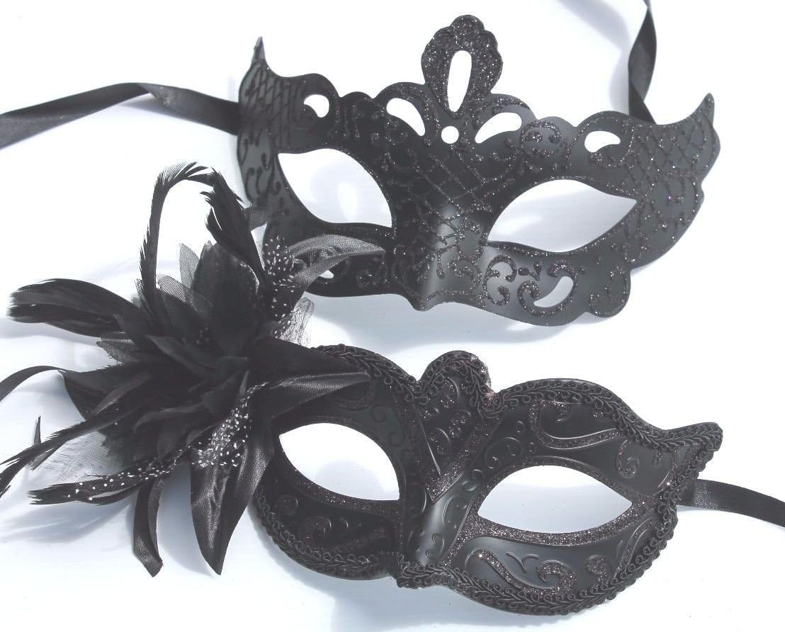 THE GOOD LIFE HIS N HERS PAIR OF COUPLES MASKS VENETIAN MASQUERADE CARNIVAL PARTY BALL EYE MASK, Black, 8 and 10cm Deep - Image 5
