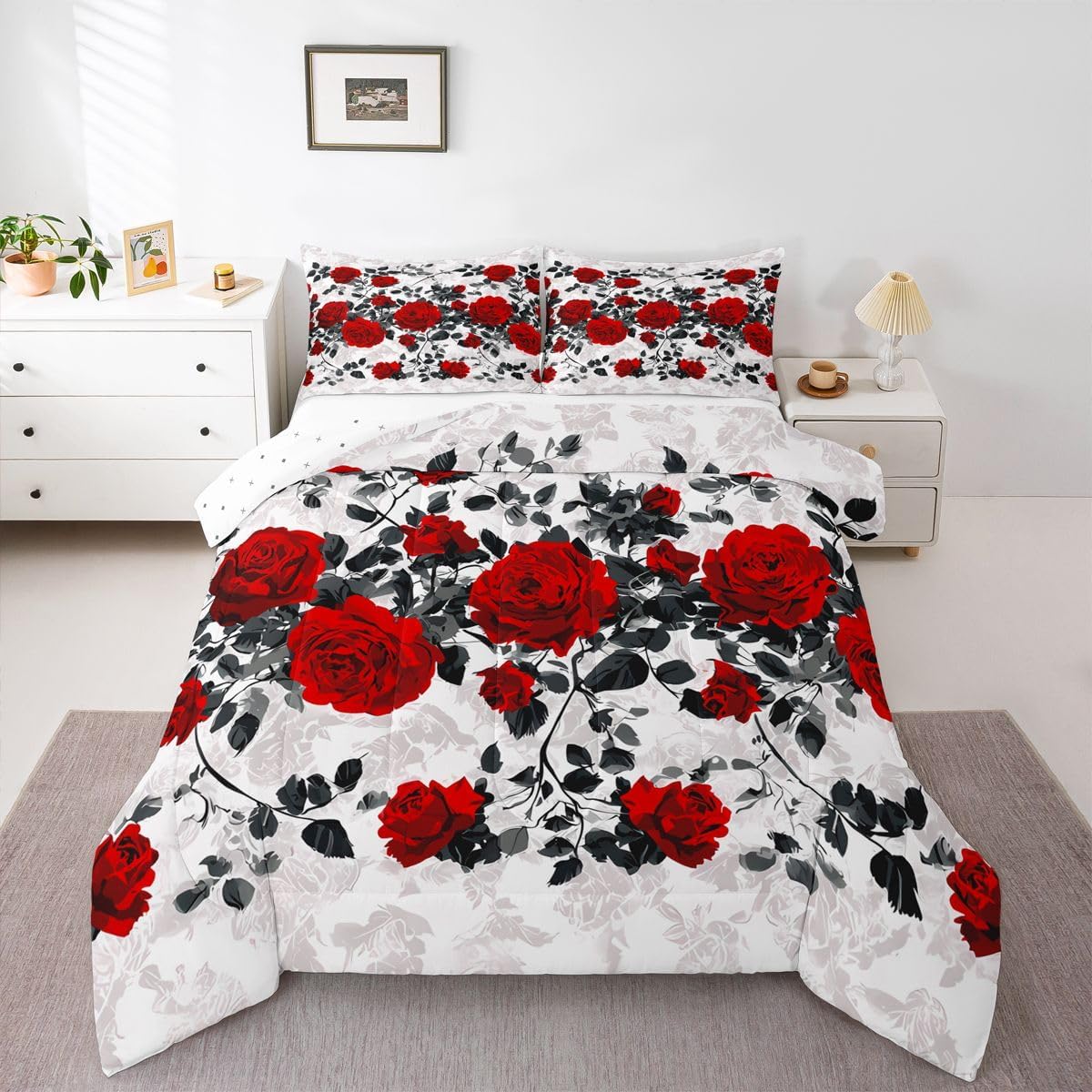 jejeloiu Wild Lion Couple Comforter Set Full Size Couple Red Rose Floral Comforter for Girls Women Lover Gold King and Queen Crown Bedding Set Valentine's Day Duvet Set Room Decor