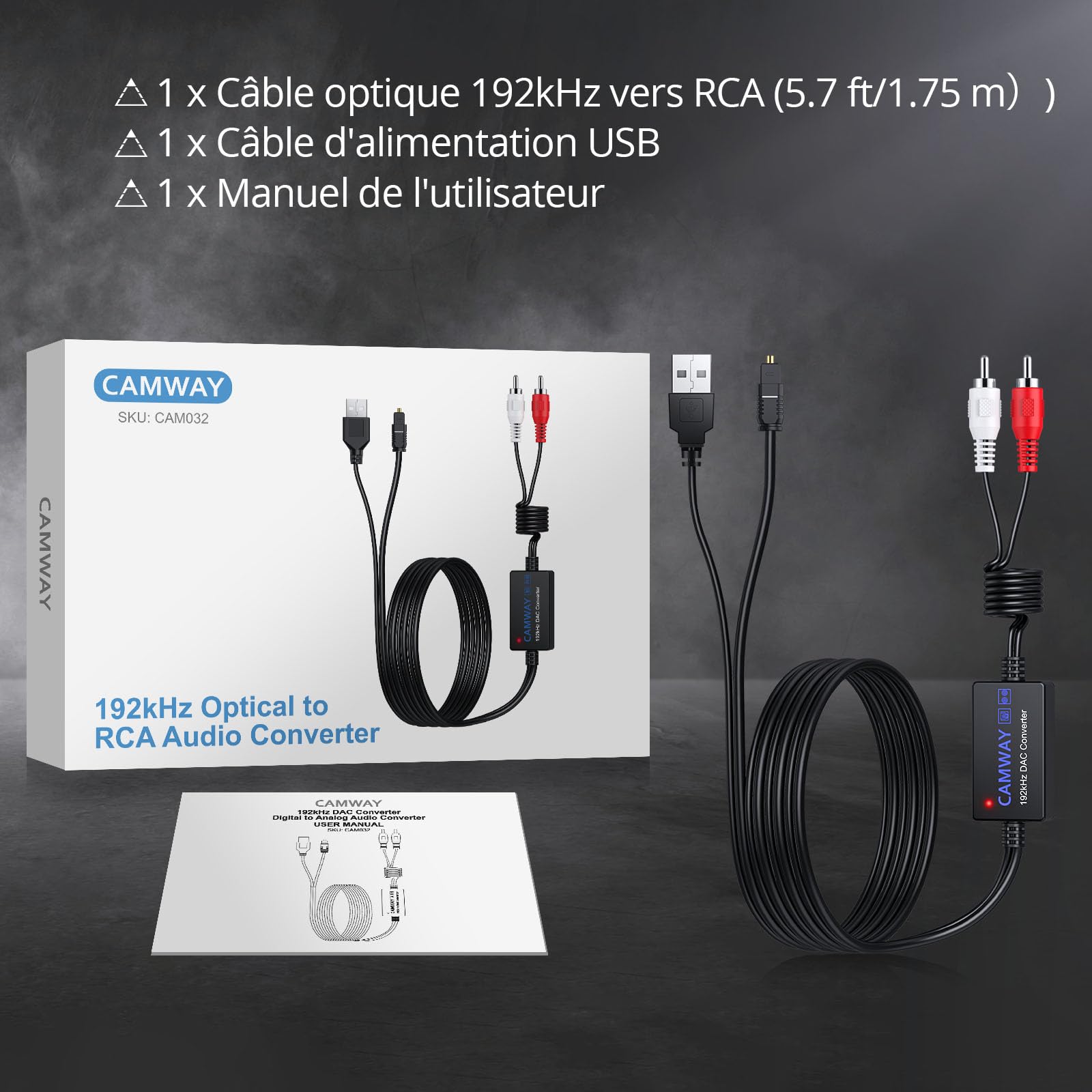 Convertisseur Optique RCA SPDIF 192kHz avec Câble Intégré 1,75m pour HDTV Xbox DVD Blu-Ray