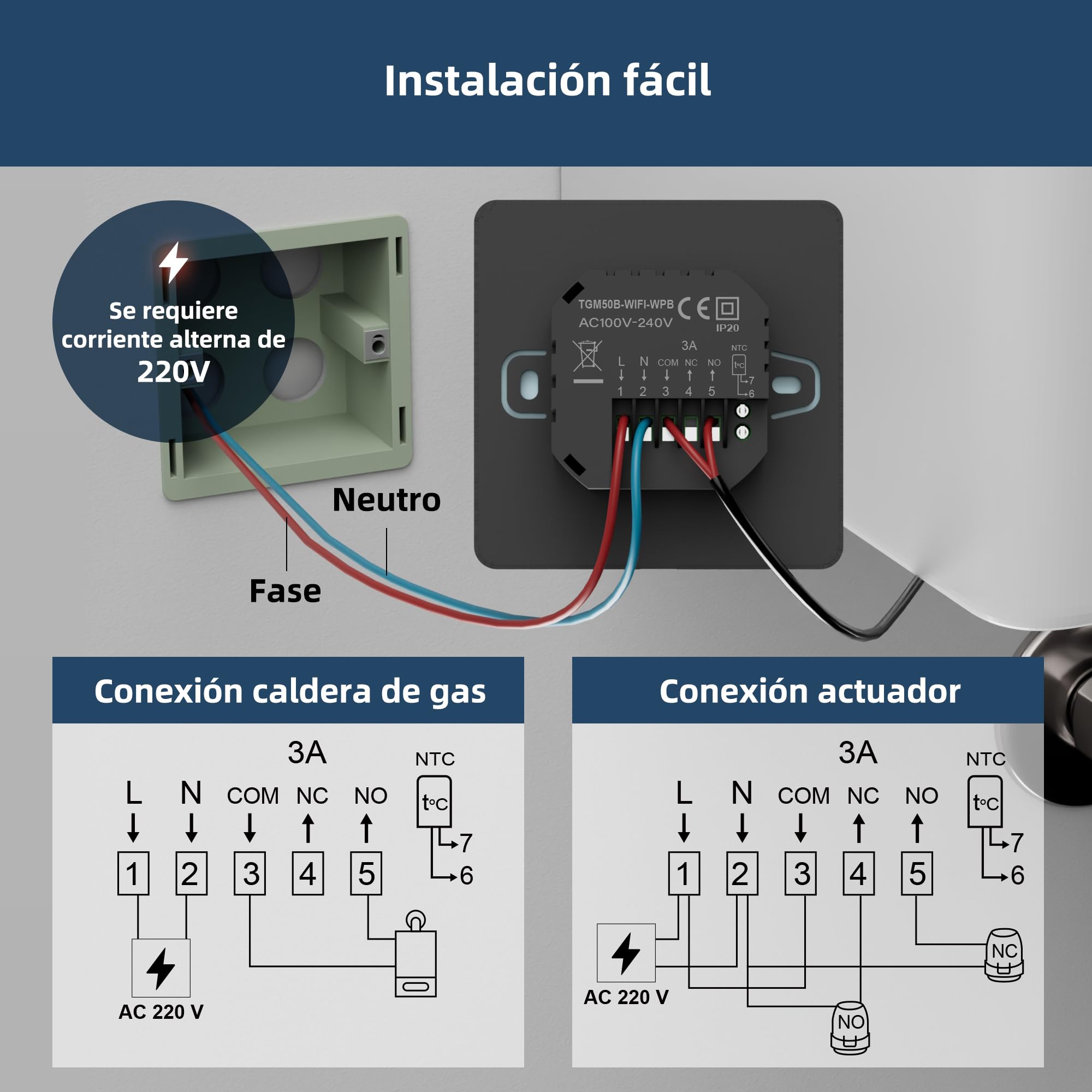 Beok Termostato WiFi para Caldera, programación Diaria, controlable a través de Tuya o Smart Life, Compatible con Alexa y Google Assistant, Control por Voz, 230 V, termostato Empotrado Negro.