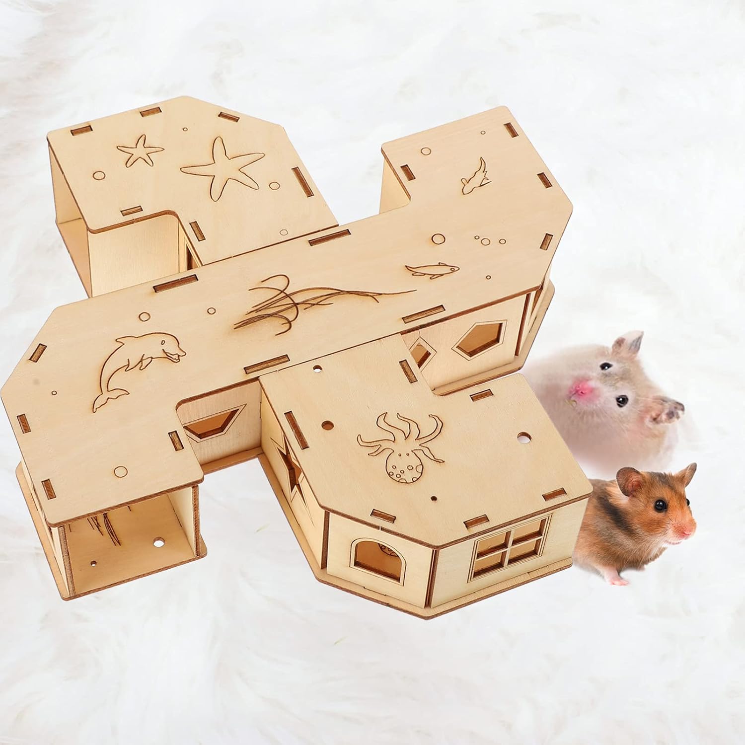 Balacoo Wood Hamster House Maze Multi Chamber Hamster Hideout Tunnels