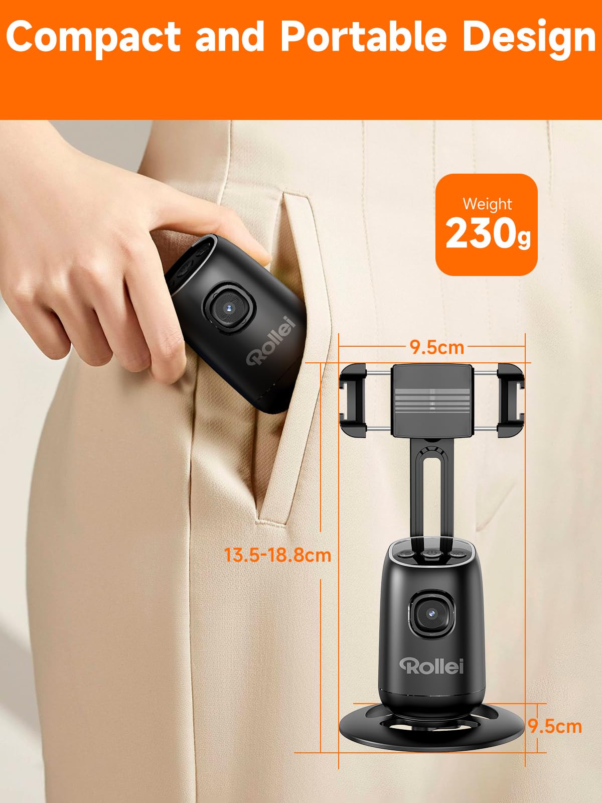 Rollei Easy Creator Desktop z AI Tracking, automatyczne śledzenie twarzy, statyw 360, stabilizator wideo z wbudowaną baterią do Tiktok Live Streaming, statyw do telefonu komórkowego, trójnóg