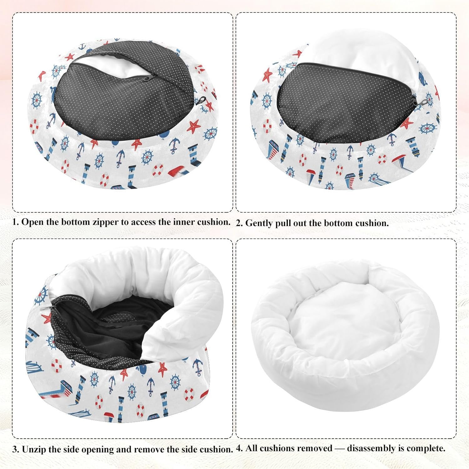 Nautical Lighthouse Boat White Pattern Dog Bed Small Medium Dog Bed Washable Donut Cat Beds Cute Pet Puppy Beds for Small Medium Dogs Cats,M