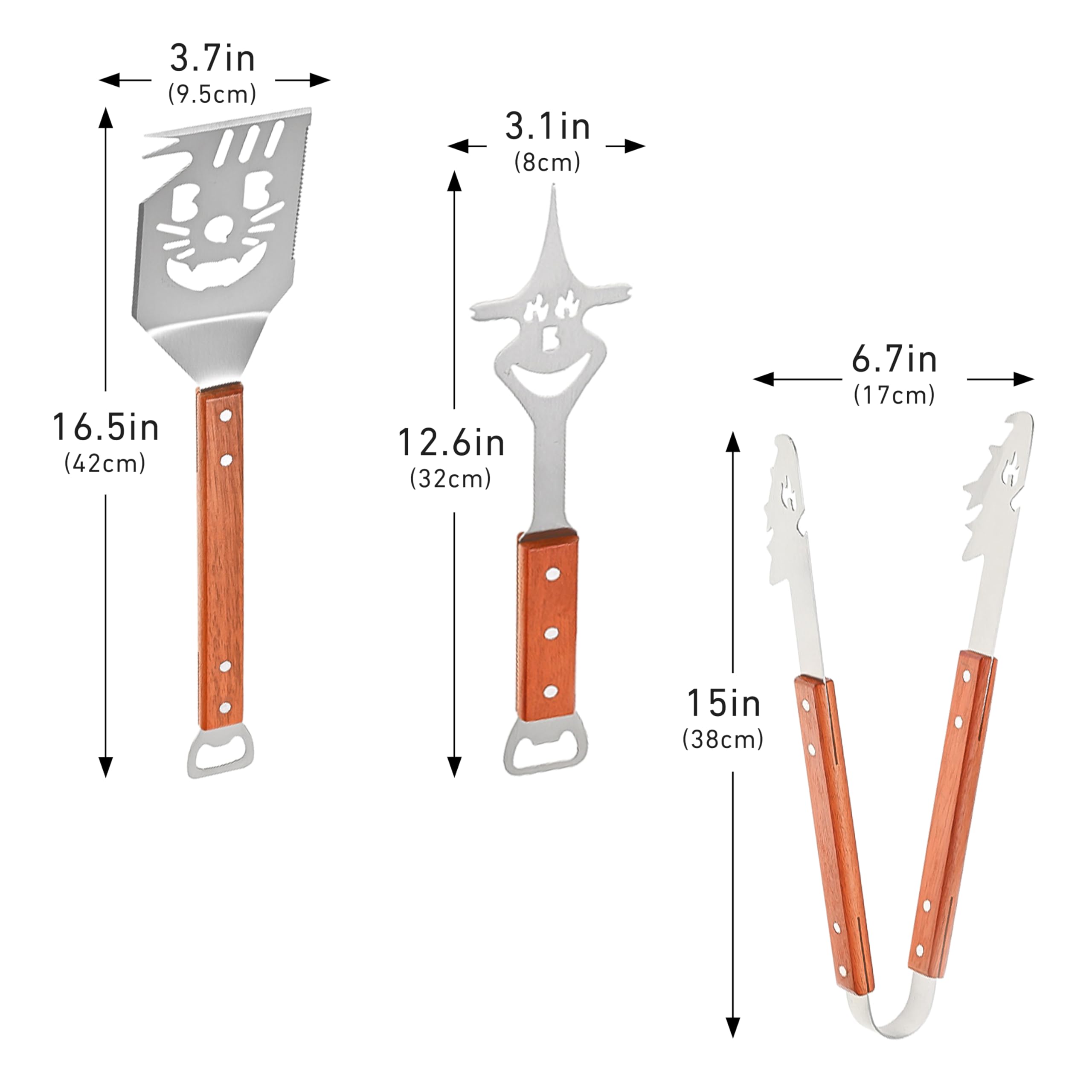 Set Utensili Barbecue 3 Pezzi in Acciaio Inox con Manici in Legno, Accessori BBQ con Paletta, Pinza e Forchettone, per Barbecue, Campeggio e Cucina