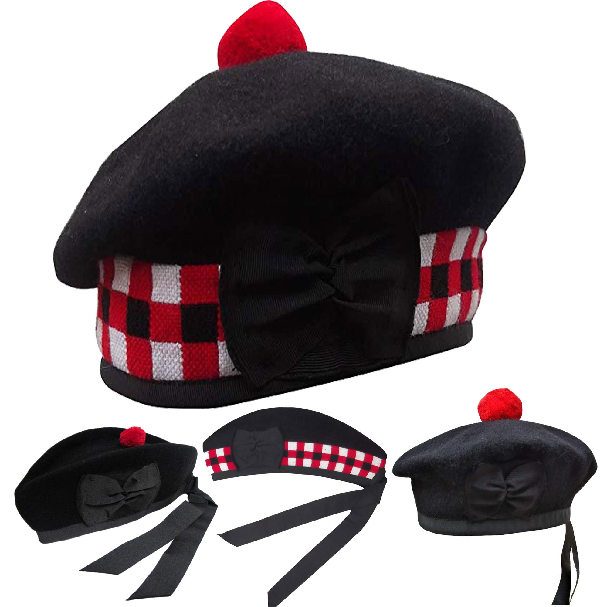 Men's Scottish Glengarry Balmoral Kilt Hats Diced & Plain 100% Wool Piper {Diced Black Balmoral 62cm (7 3/4)}