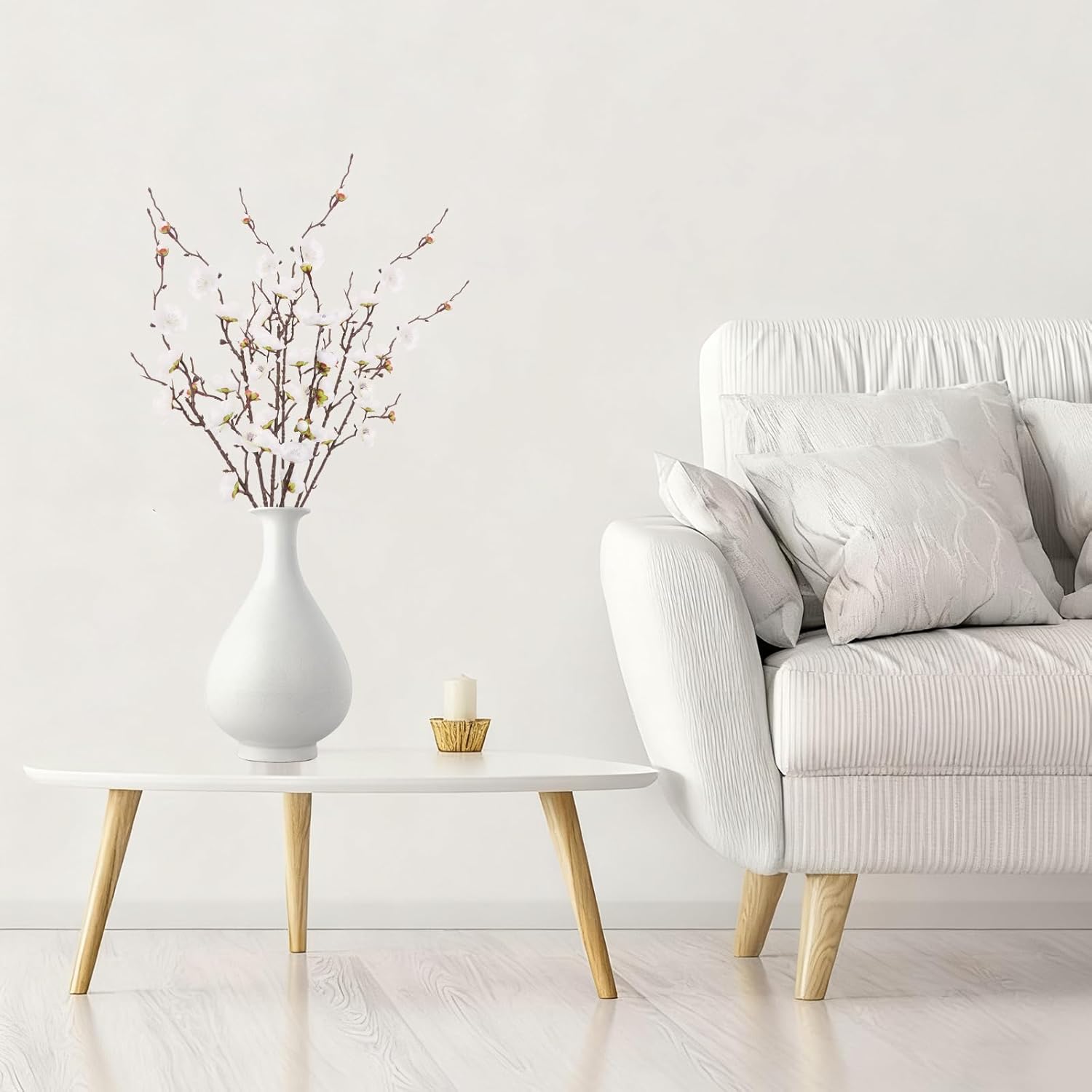 20pcs White Cherry Blossom Branches Artificial Flowers for Winter Spring Indoor Decoration, 22" Plum Fake Peach Plants for Wedding Home Office Bedroom Party Decor (White, 22in)