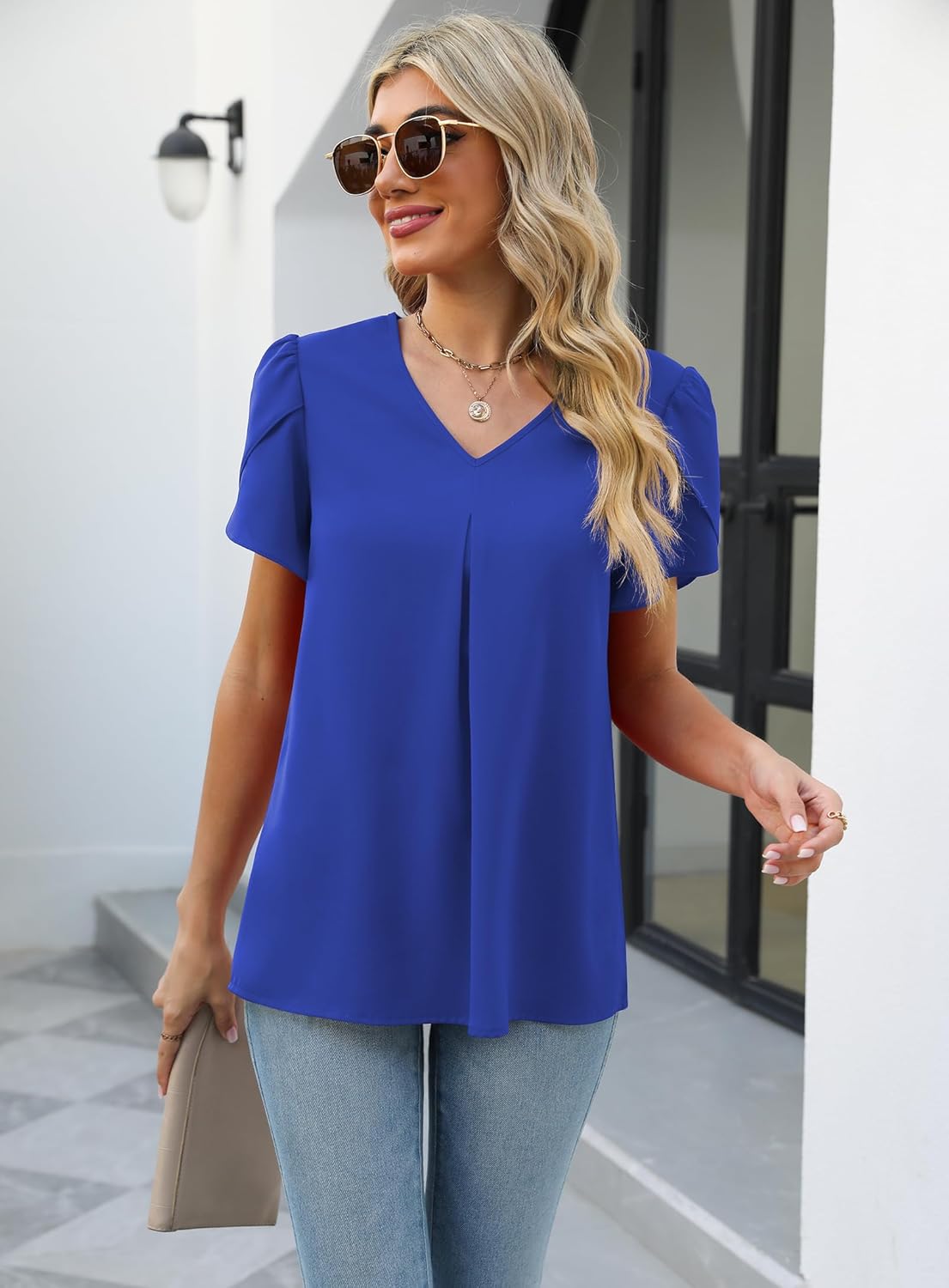 Funlingo Women's Summer Tops Short Sleeve Dressy Chiffon Blouses V Neck Work Tunic Tops Casual Loose T-Shirts - Image 7