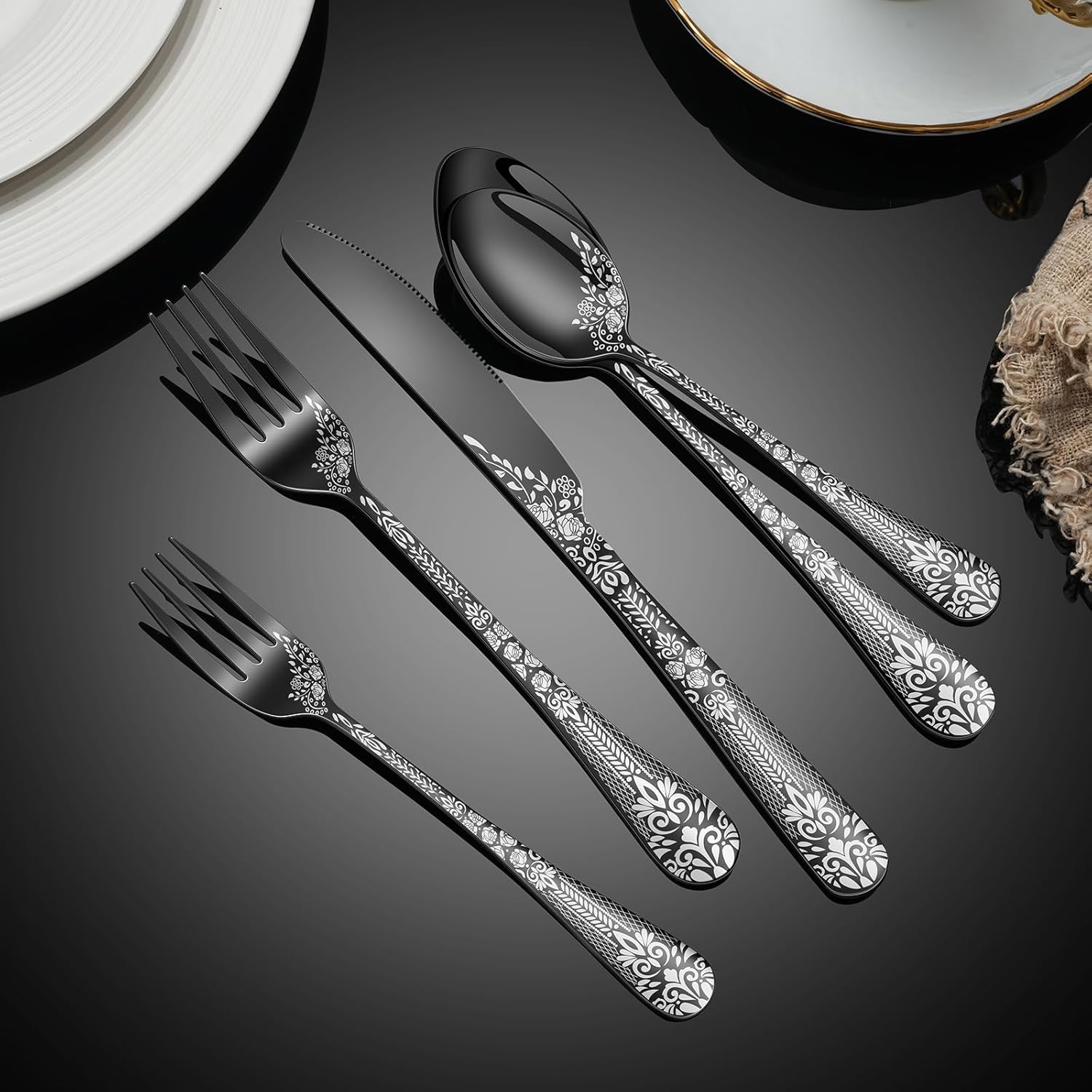 48-Piece Black Silverware Set with Steak Knife, Stainless Steel Flatware Cutlery Set Service for 8, Mirror Polished Tableware Eating Utensils Set for Home Kitchen, Dishwasher Safe