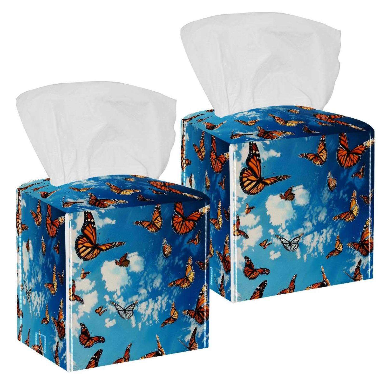 Butterfly under Blue Sky Tissue Box Cover, 2 Pack PU Leather Square Facial Tissue Dispenser Box holder for Home Office Car