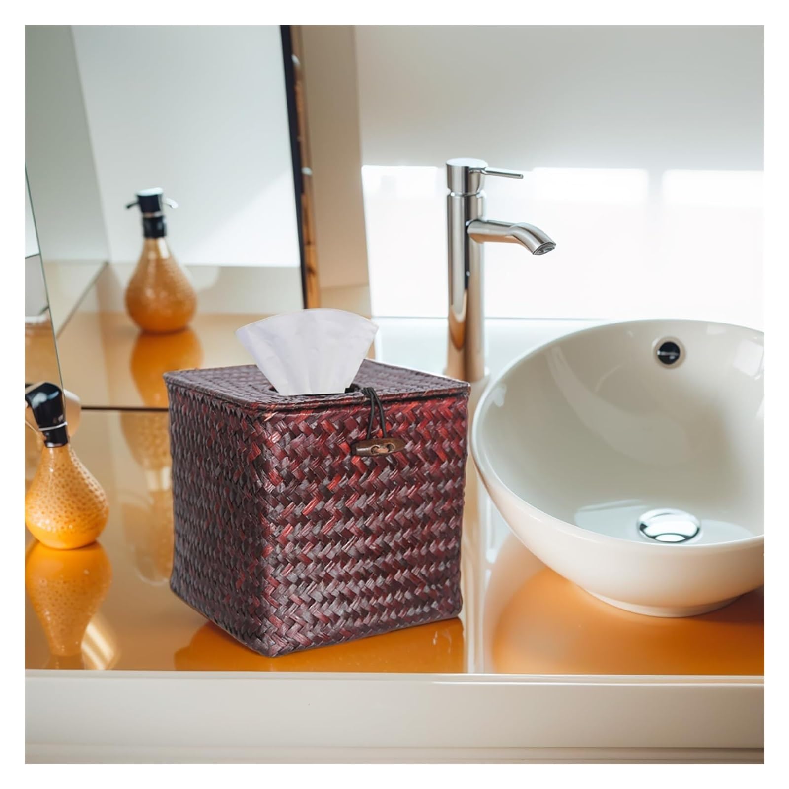 Kosmetiktuch-Spenderbox Taschentuchbox, quadratischer Halter gewebter, dekorativer Bezug, Würfeletui Must-Haves für die Wohnung(Red Brown)