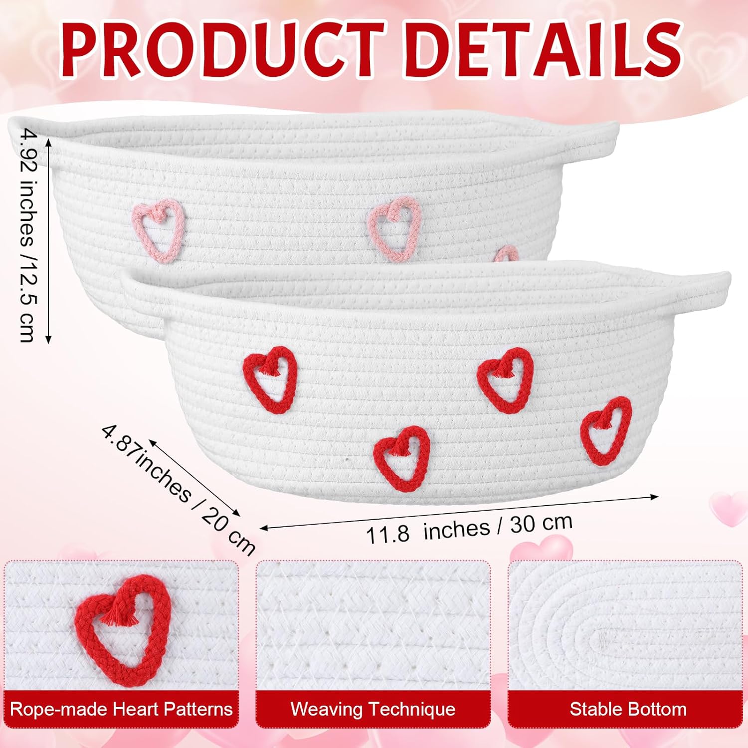 Bucherry 2 Sets Valentine's Day Gift Basket Set with Handles Include 2 Decorative Rope Woven Gift Basket Storage Organizer Cube and Tissue Papers for Anniversary Party Supplies(Heart Style,White)