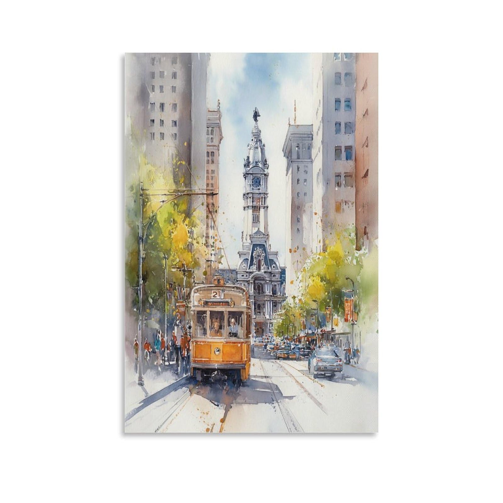 LCYNNH Philadelphia Watercolor City Hall 20x30inch(50x75cm) Vintage Travel Poster Watercolor Canvas Art