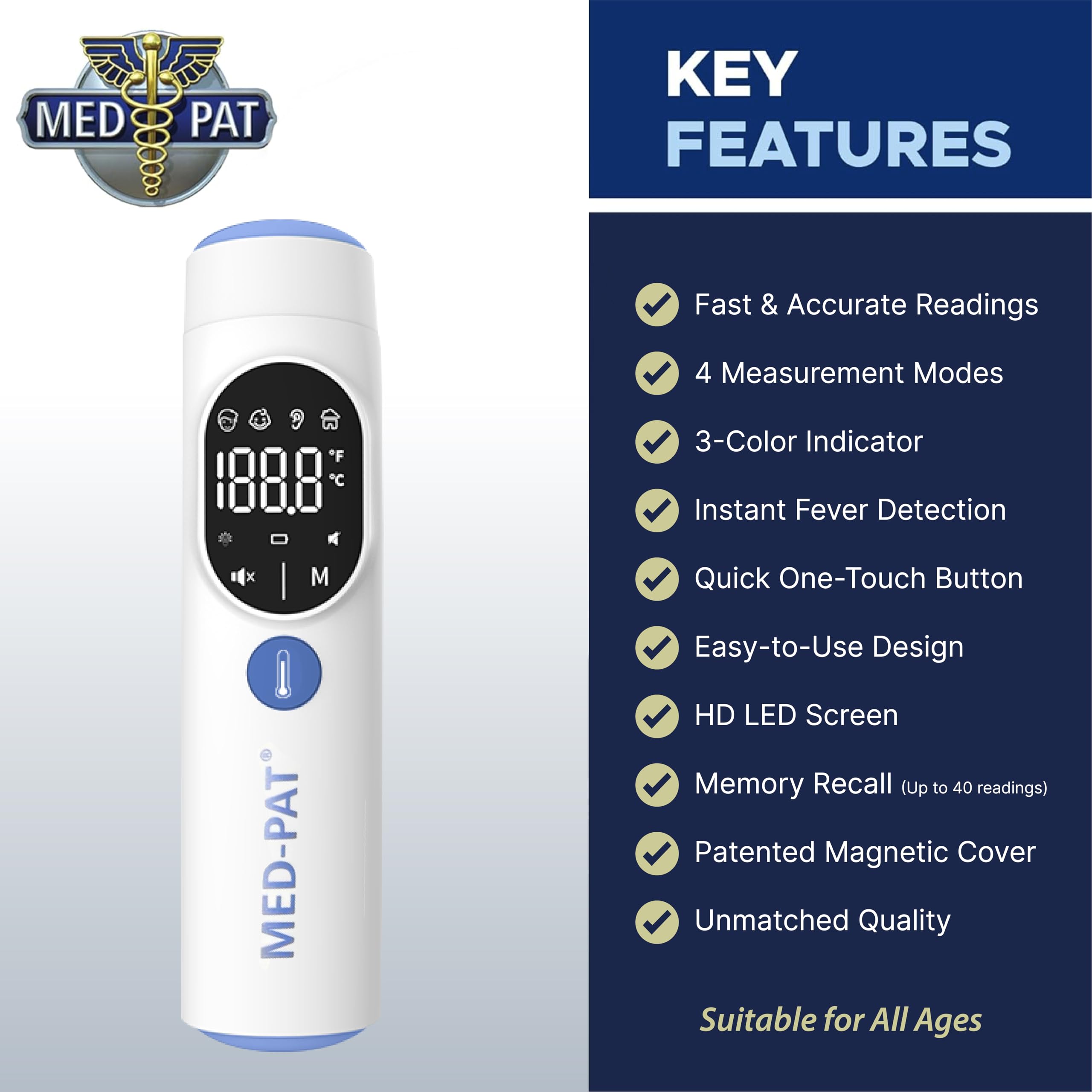 Med-Pat TH-1 - Termometro digitale touchless a infrarossi, risultato in 1 secondo, per bambini, adulti, allarme febbre temperatura, colore HD, modalità fronte e orecchio, luce automatica e modalità